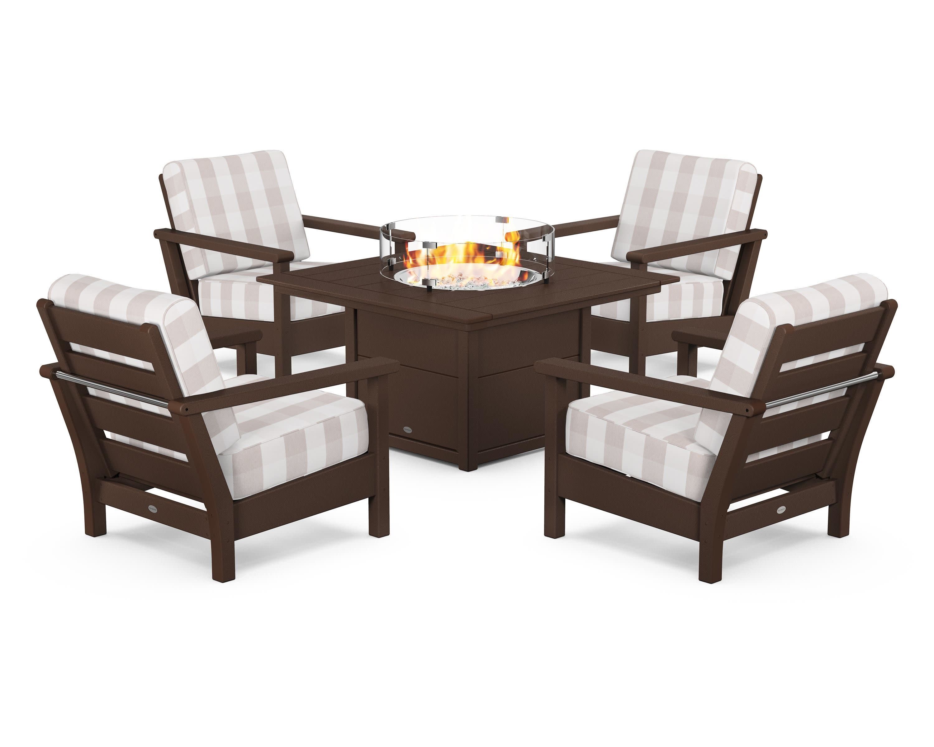 Harbour 5-Piece Conversation Set with Fire Pit Table in Mahogany / Buffalo Plaid Dune Burlap
