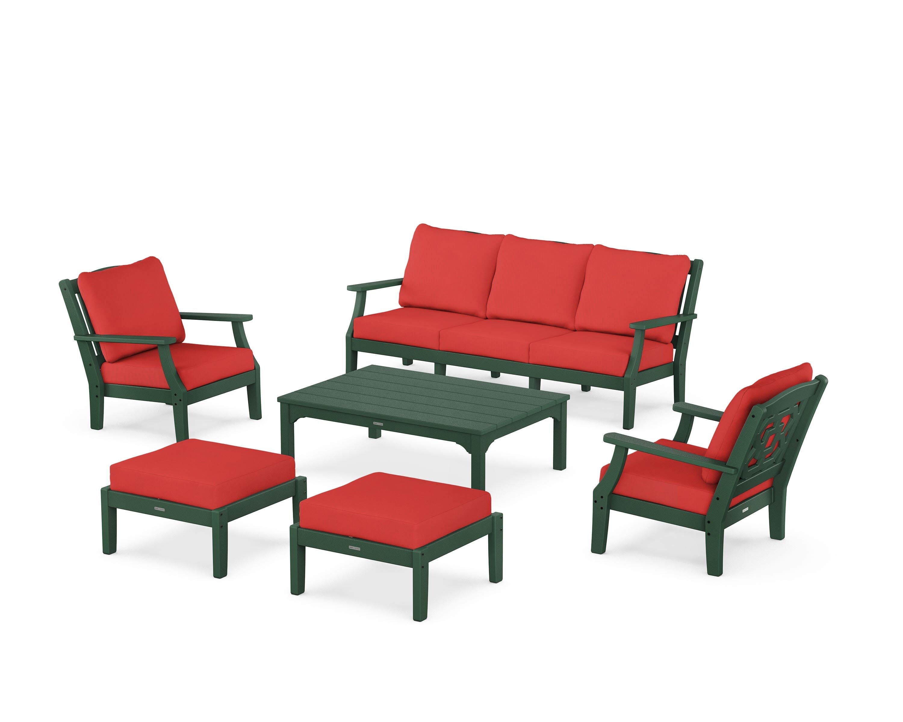 Chinoiserie 6-Piece Lounge Sofa Set in Green / Crimson Linen