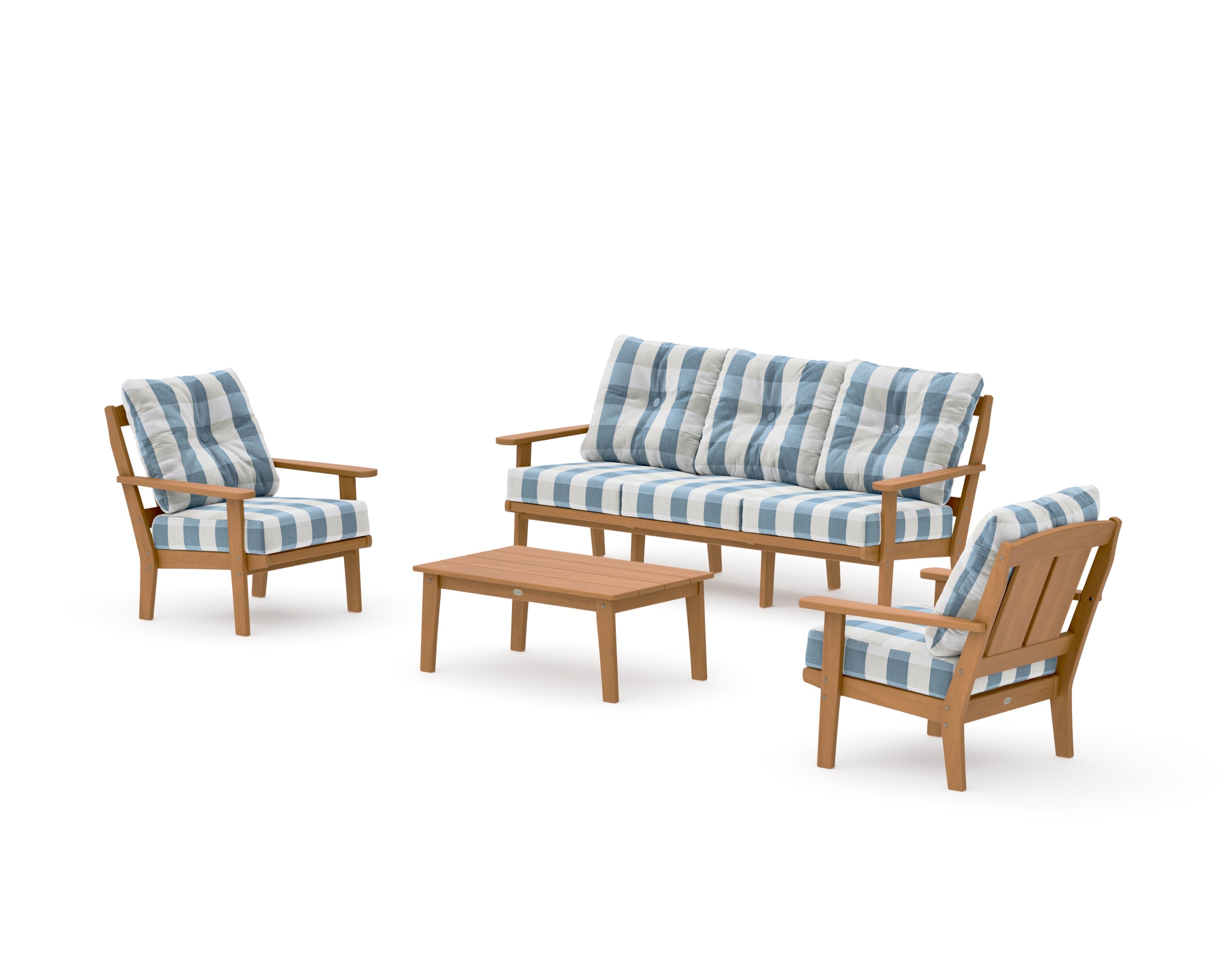 Mission 4-Piece Deep Seating Set with Sofa in Natural / Buffalo Plaid Sky Blue