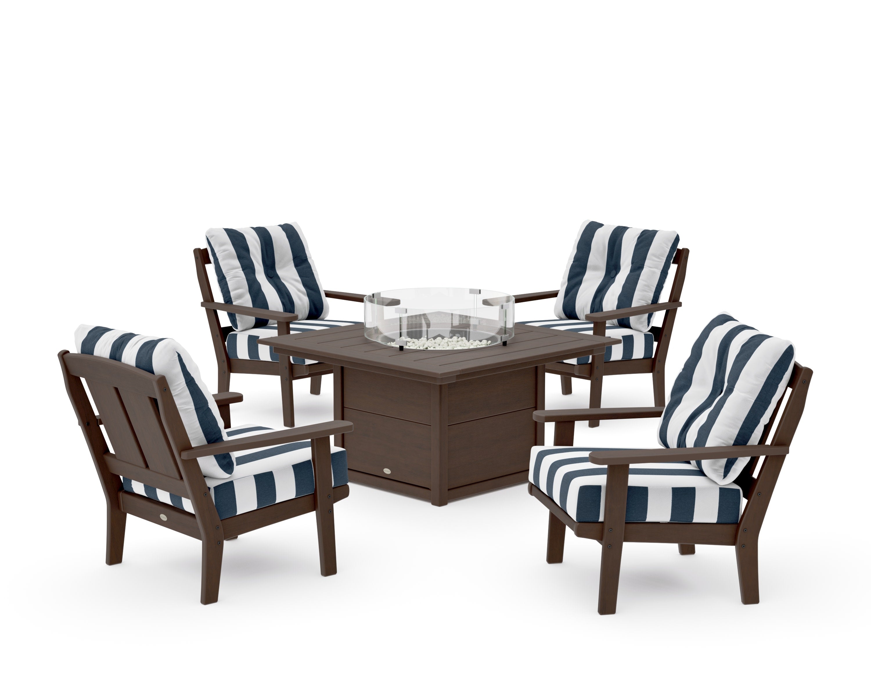 Mission 5-Piece Deep Seating Set with Fire Pit Table in Kona / Cabana Stripe Marine Indigo