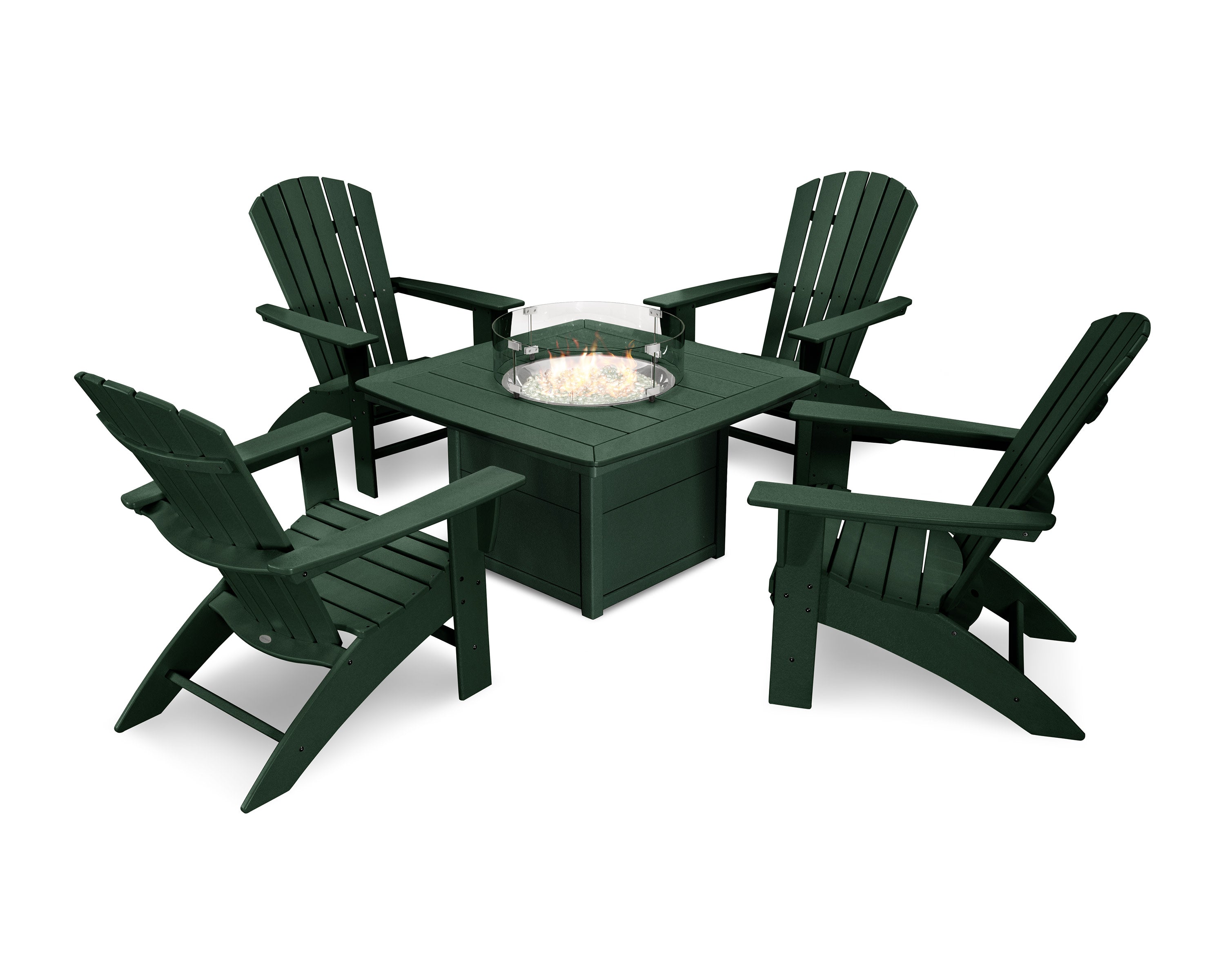 Nautical Curveback Adirondack 5-Piece Conversation Set with Fire Pit Table in Green