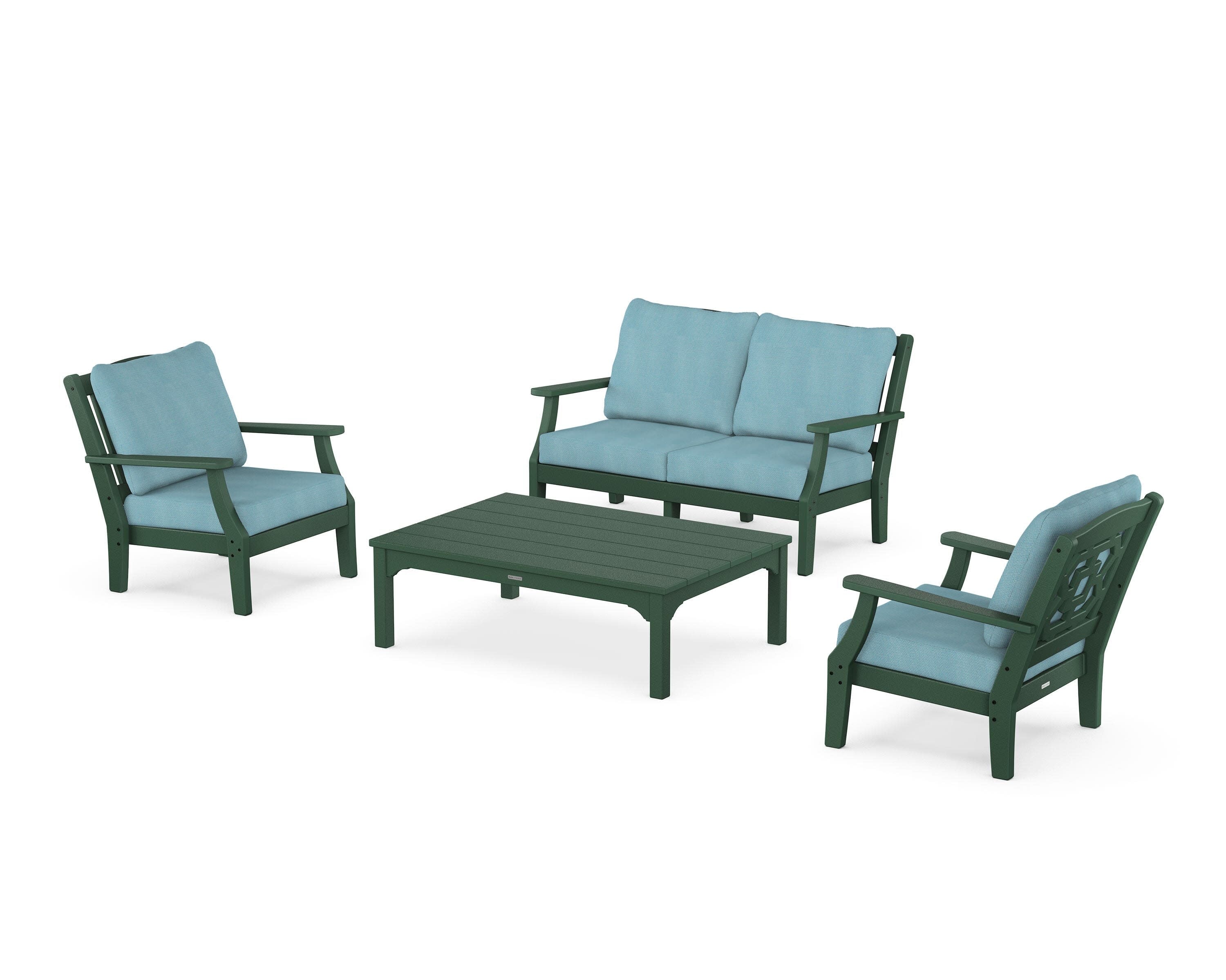 Chinoiserie 4-Piece Deep Seating Set with Loveseat in Green / Lattice Sky Blue