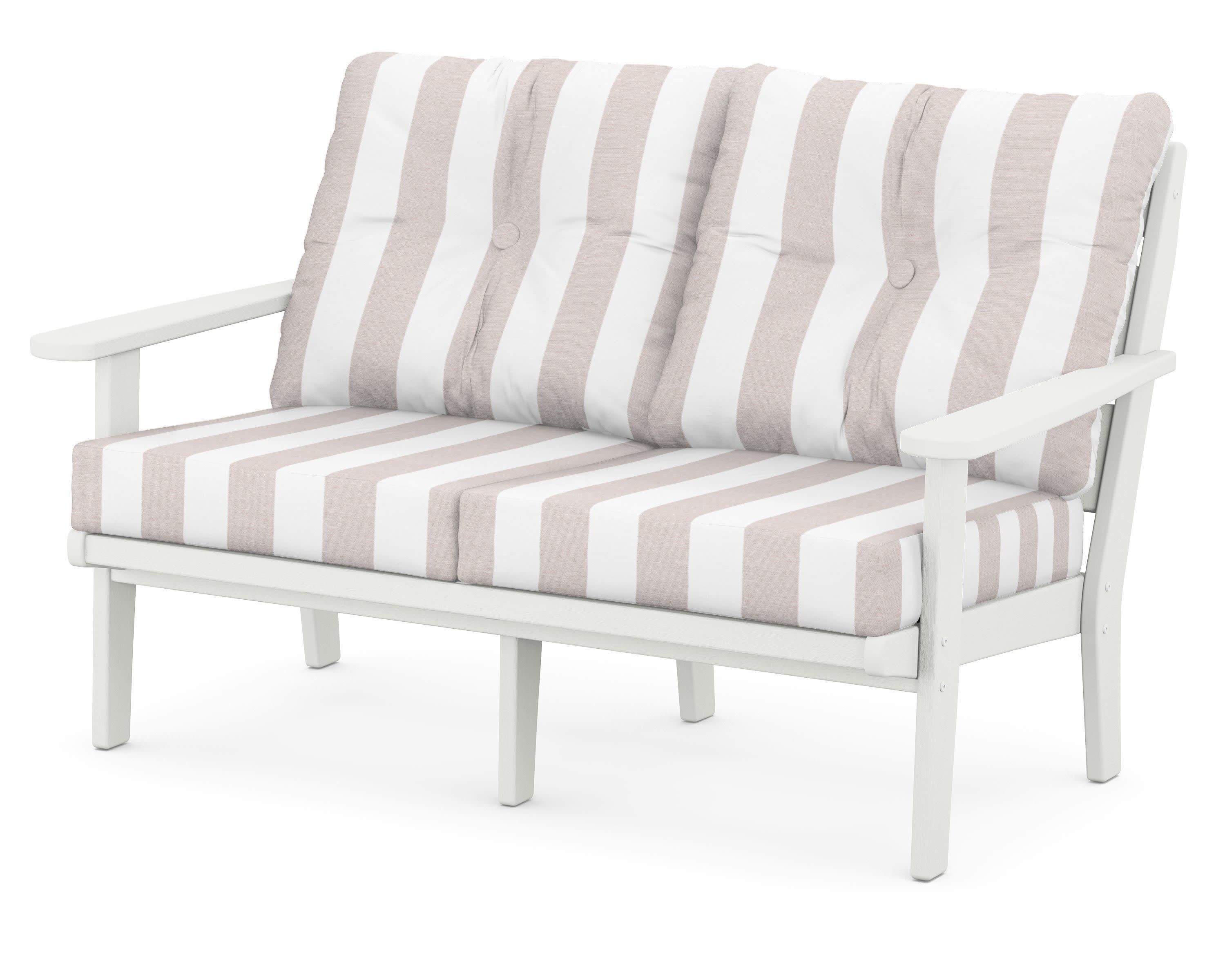 Lakeside Deep Seating Loveseat in Vintage White / Cabana Stripe Dune Burlap