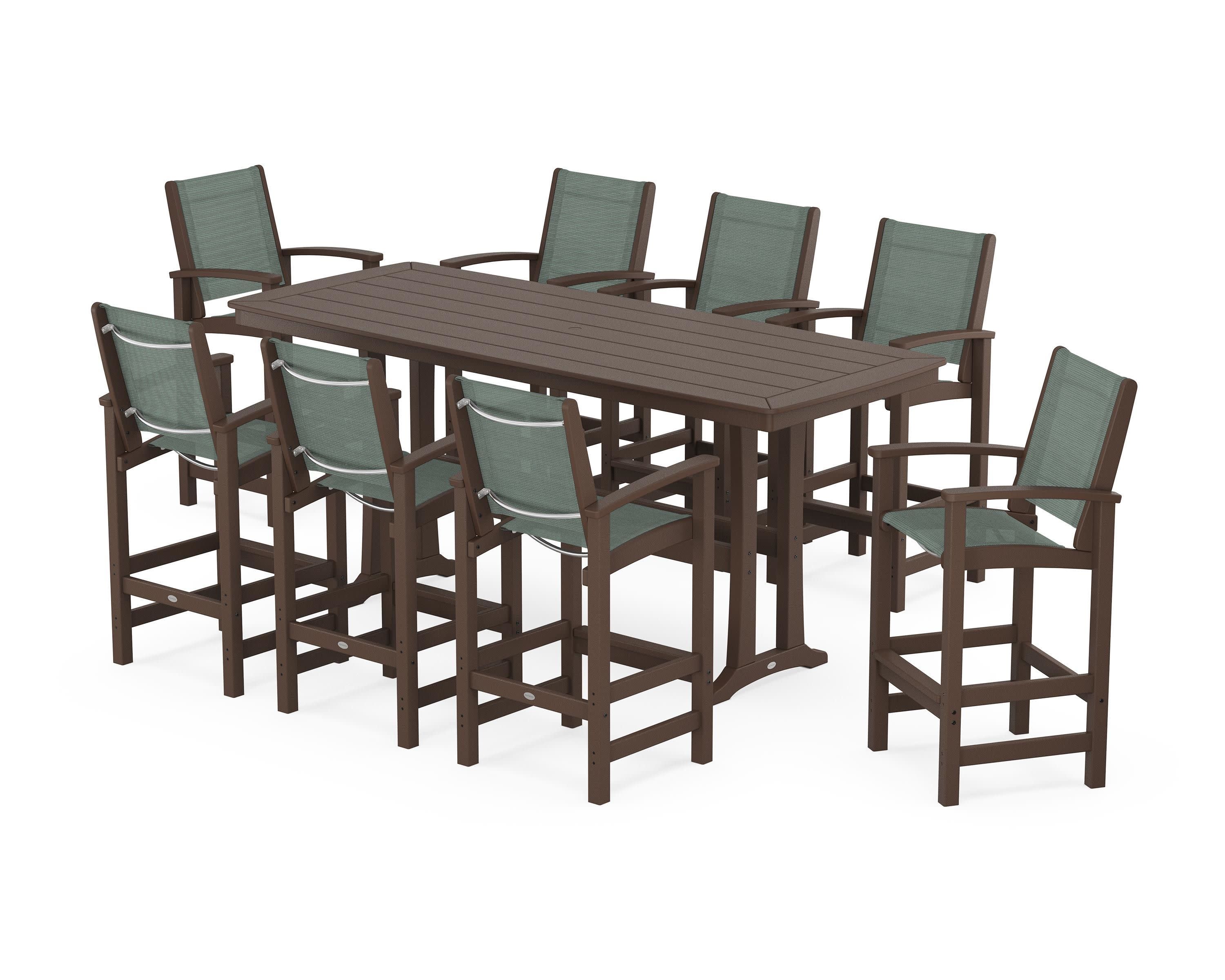 Coastal 9-Piece Bar Set with Trestle Legs in Mahogany / Dupioni Sea Mist Sling