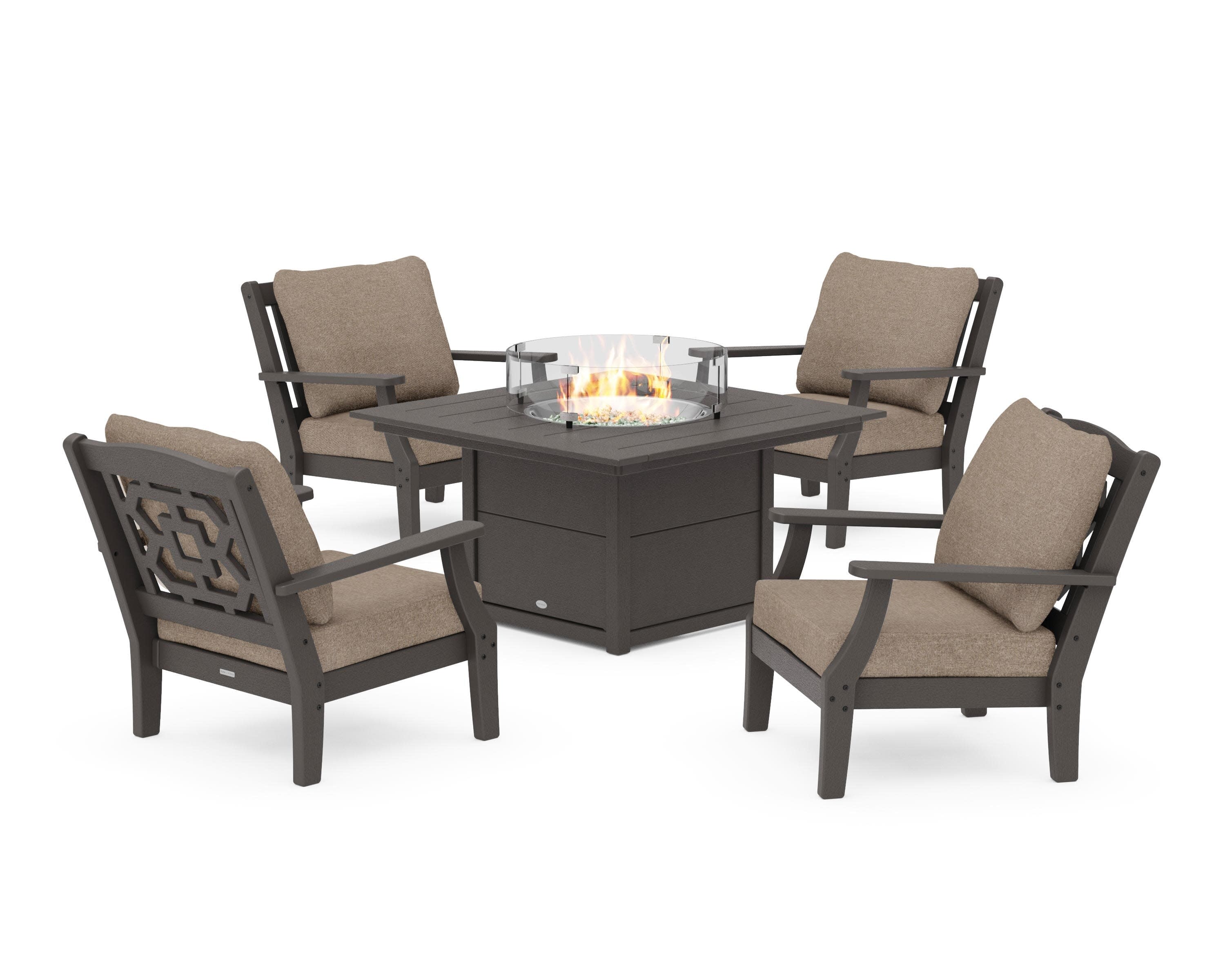 Chinoiserie 5-Piece Deep Seating Set with Fire Pit Table in Vintage Coffee / Spiced Burlap