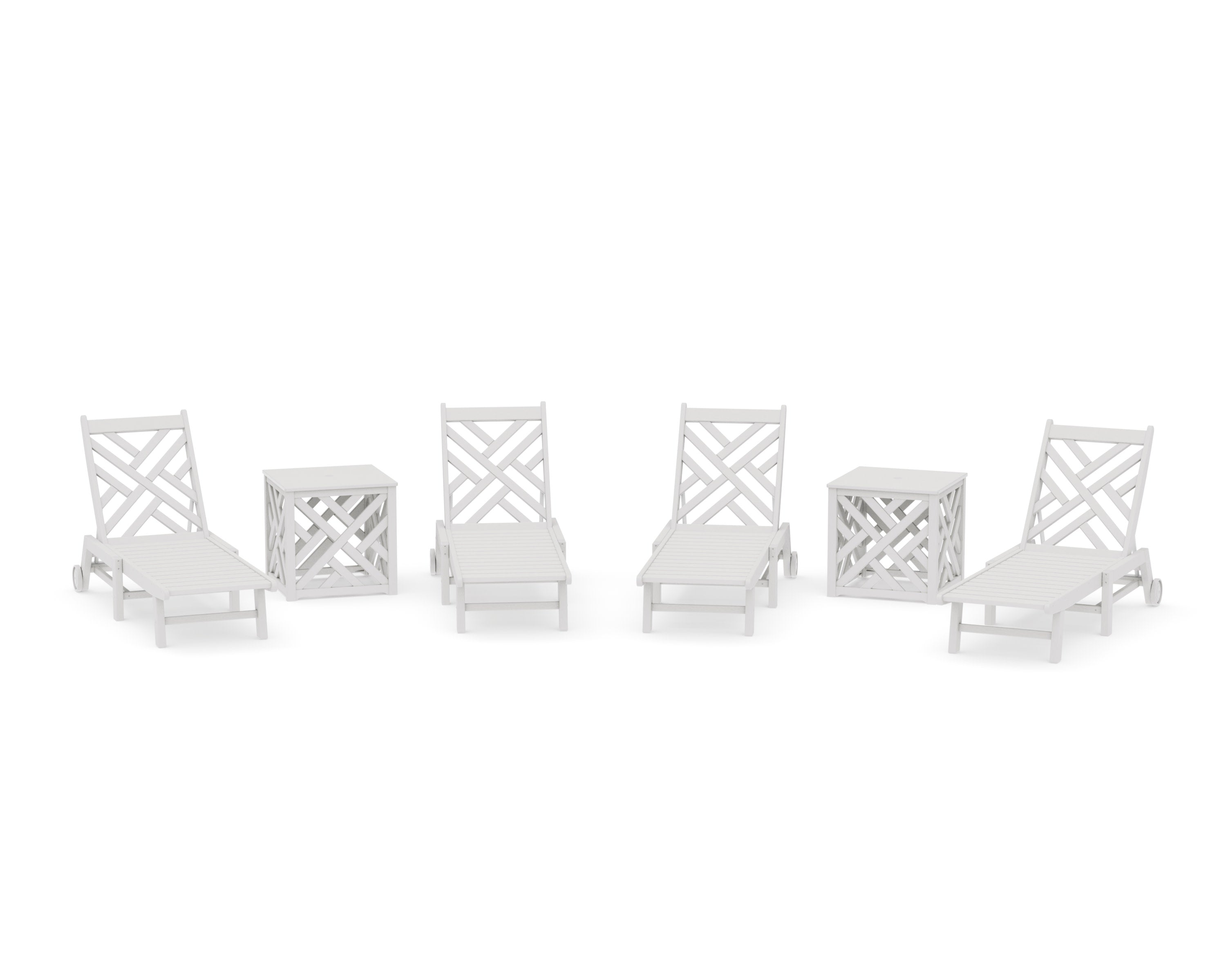 Chippendale 6-Piece Chaise Set with Wheels and Umbrella Stand Accent Table in Vintage White