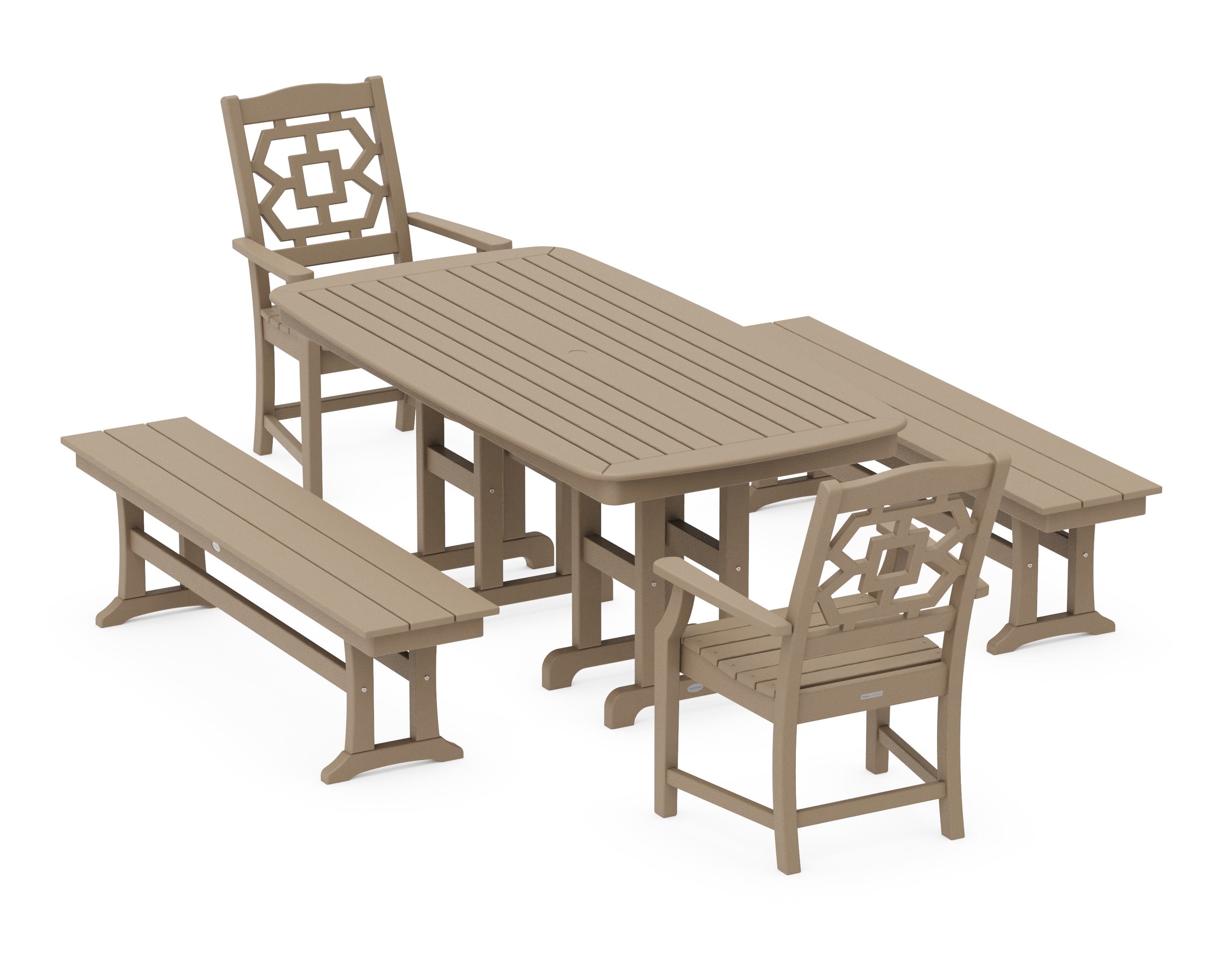 Chinoiserie 5-Piece Dining Set with Benches in Vintage Sahara