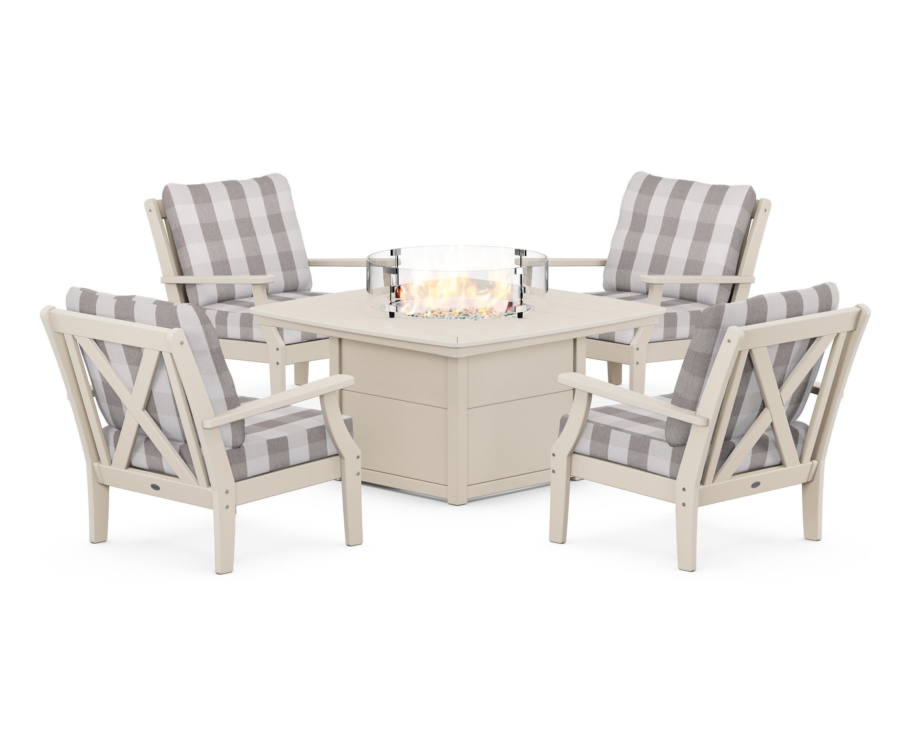 Braxton 5-Piece Deep Seating Conversation Set with Fire Pit Table in Sand / Buffalo Plaid Grey Mist