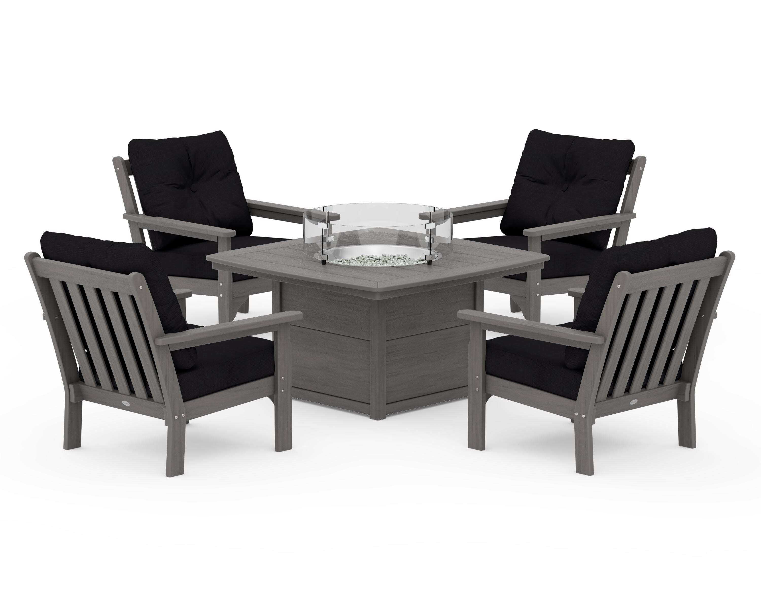 Vineyard 5-Piece Conversation Set with Fire Pit Table in Driftwood / Midnight Linen