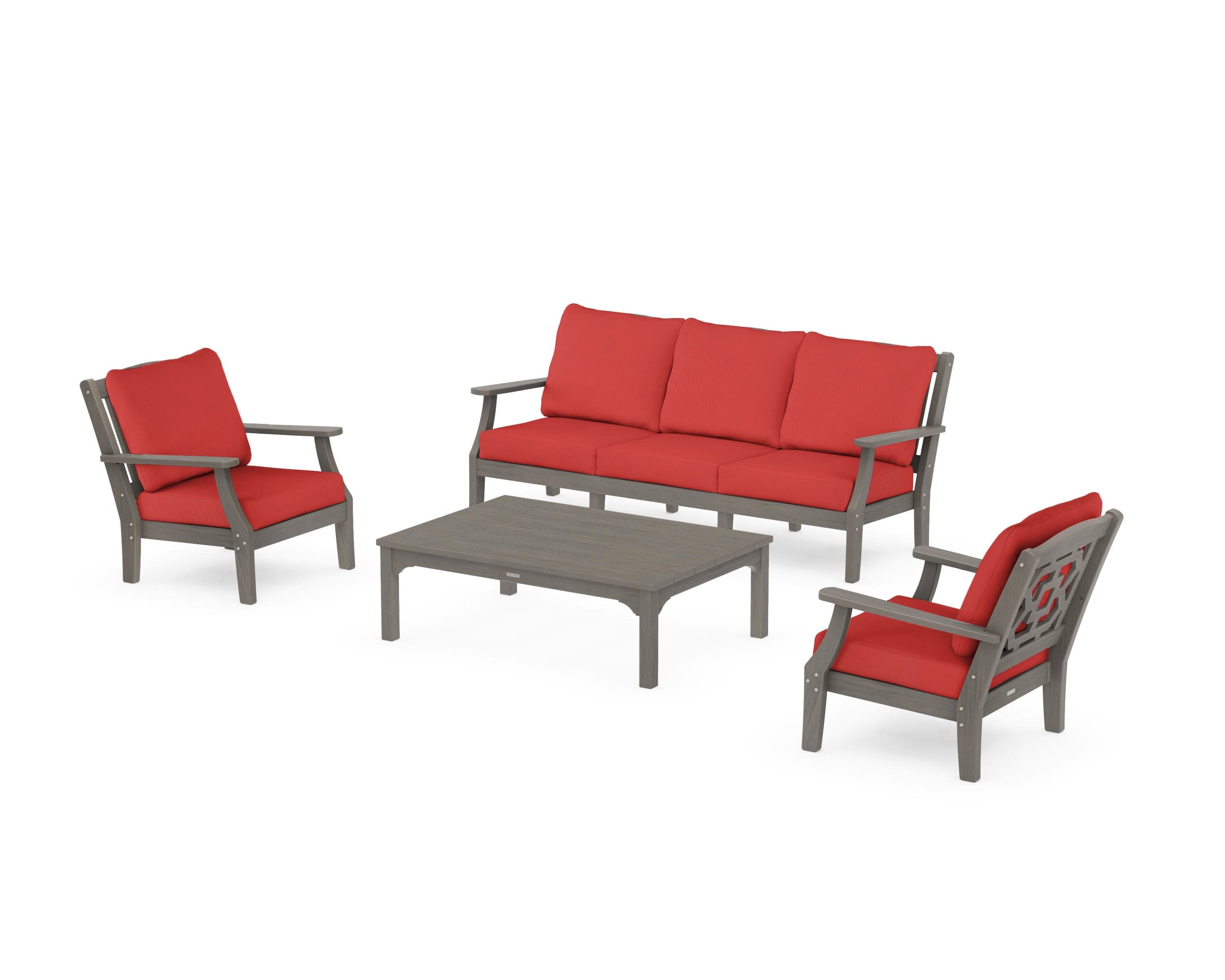 Chinoiserie 4-Piece Deep Seating Set with Sofa in Driftwood / Crimson Linen
