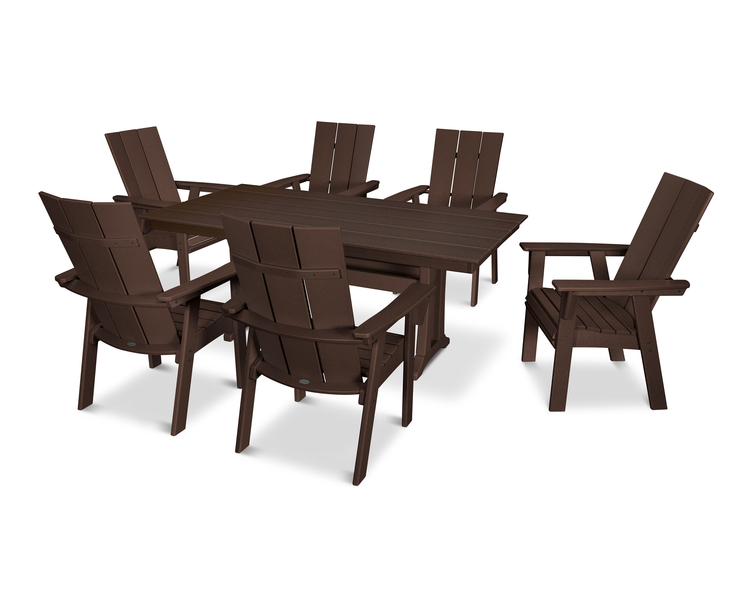 Modern Curveback Adirondack 7-Piece Farmhouse Dining Set with Trestle Legs in Mahogany