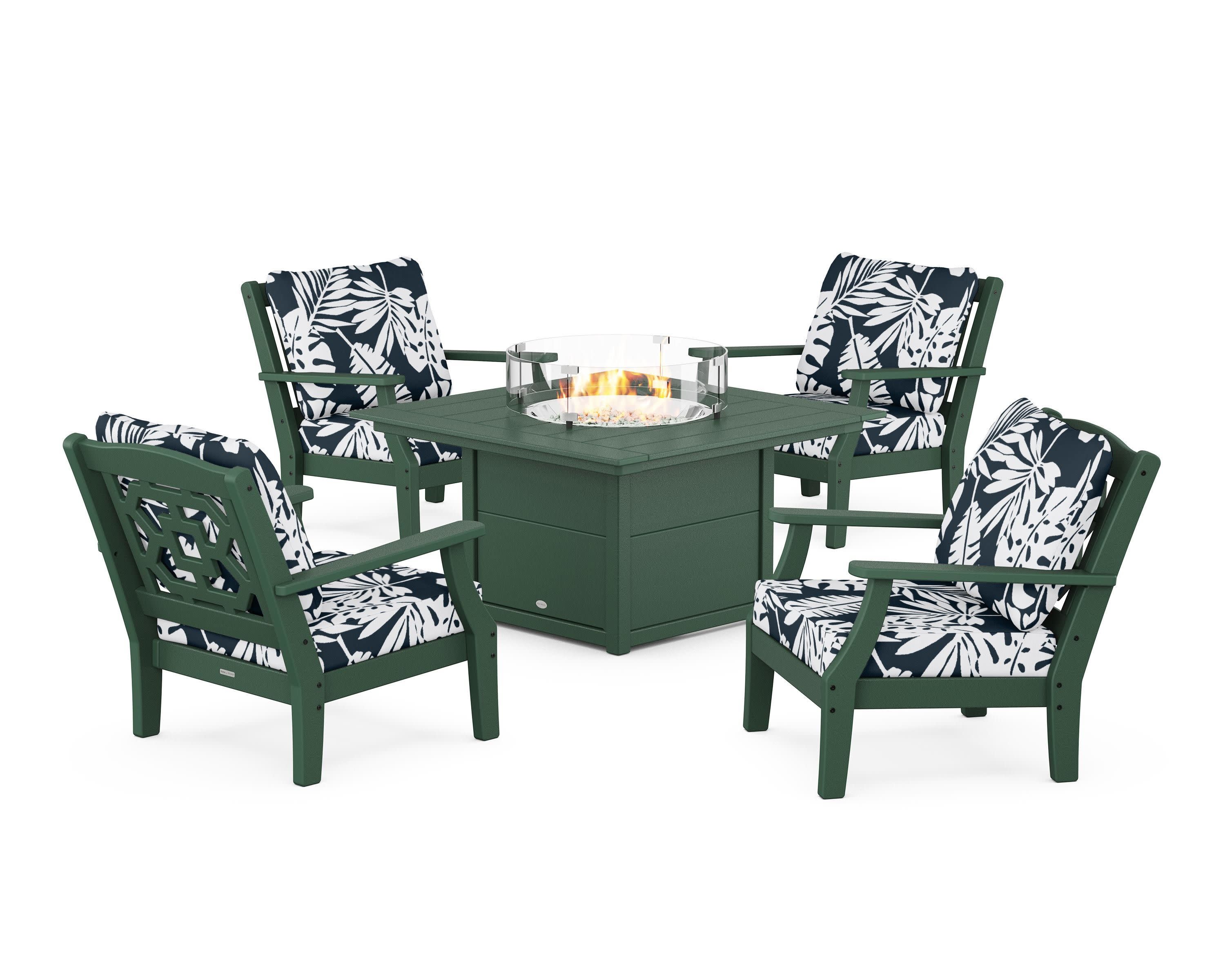 Chinoiserie 5-Piece Deep Seating Set with Fire Pit Table in Green / Leaf Marine Indigo