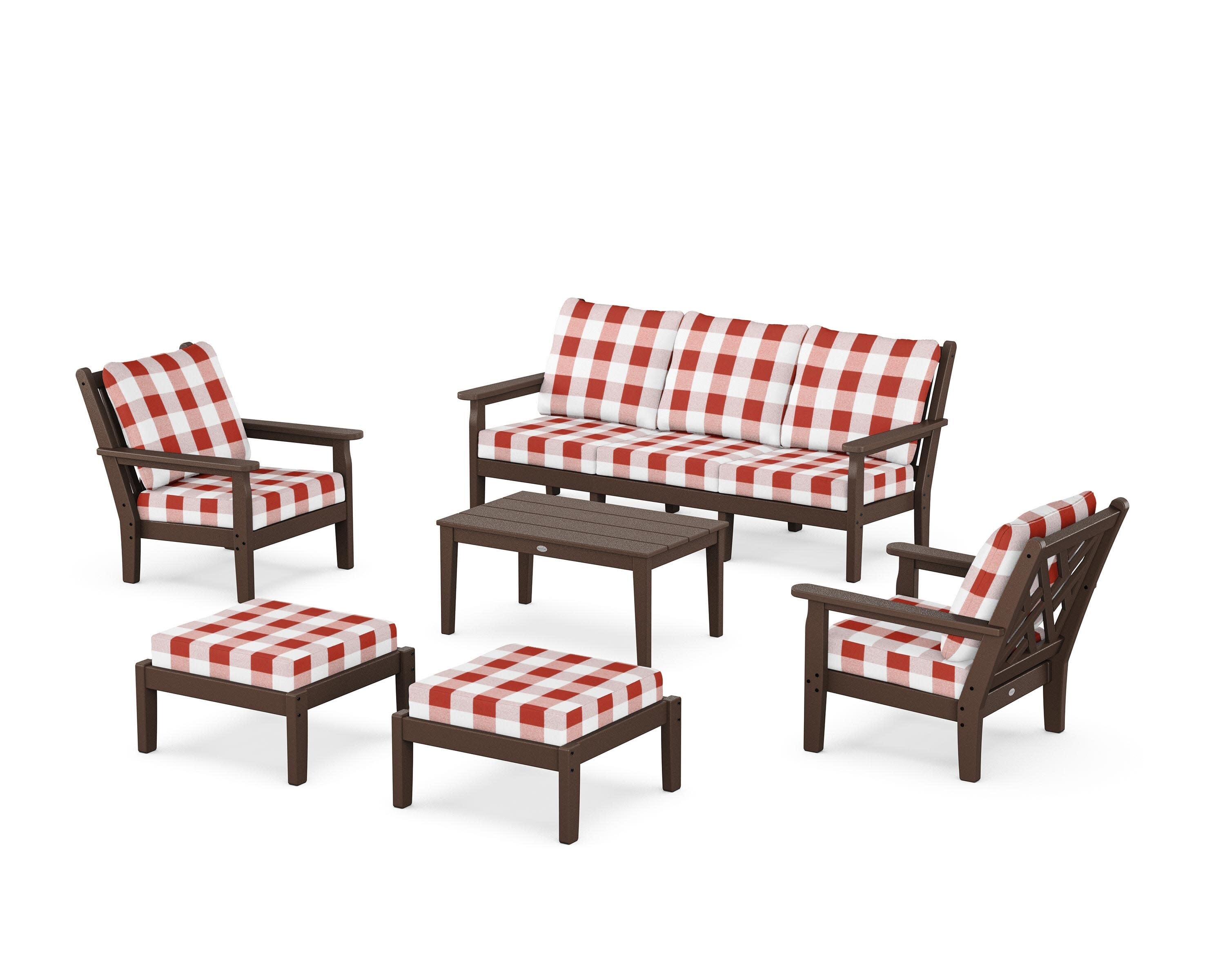 Chippendale 6-Piece Lounge Sofa Set in Mahogany / Buffalo Plaid Crimson