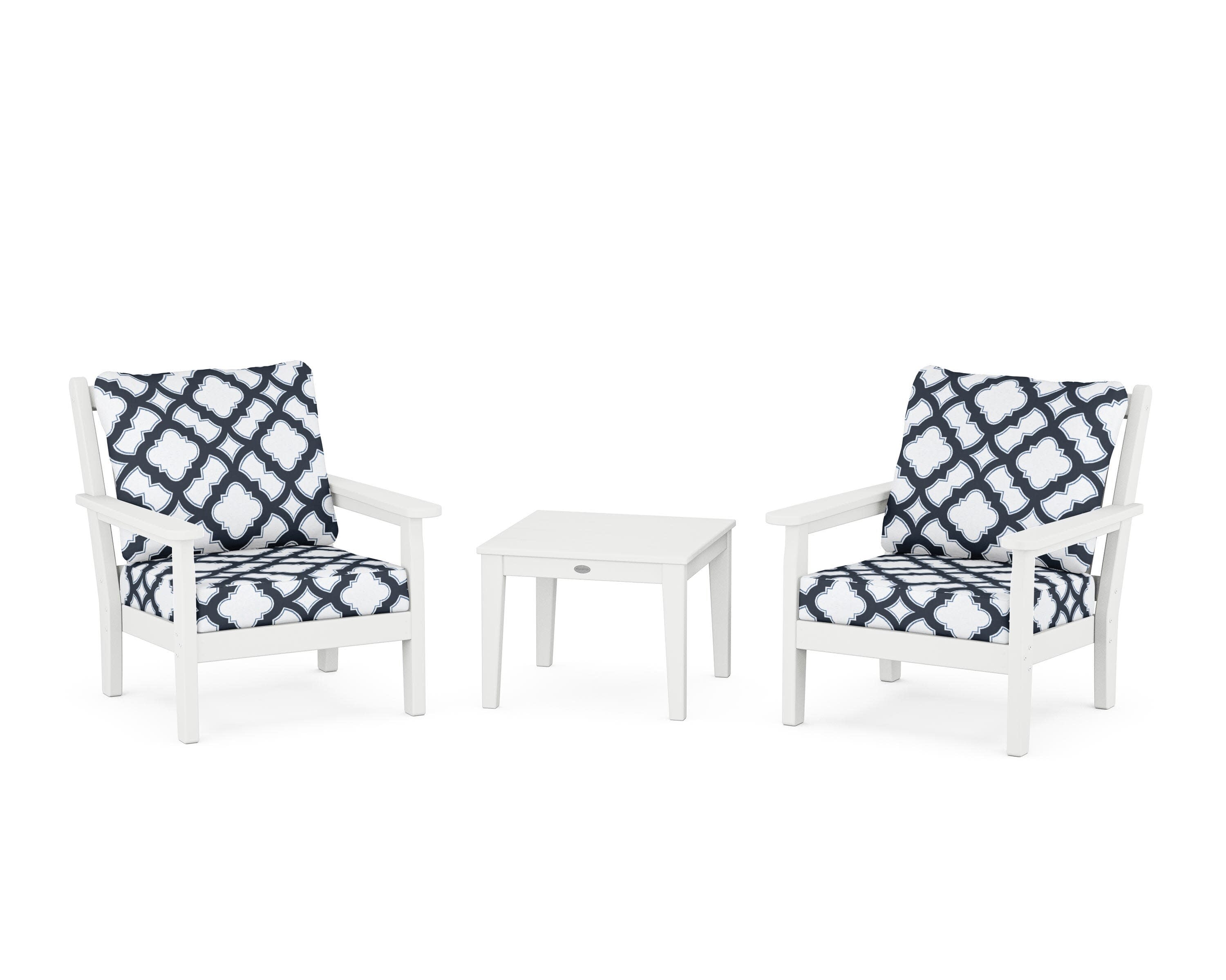 Chippendale 3-Piece Deep Seating Set in White / Trellis Marine Indigo