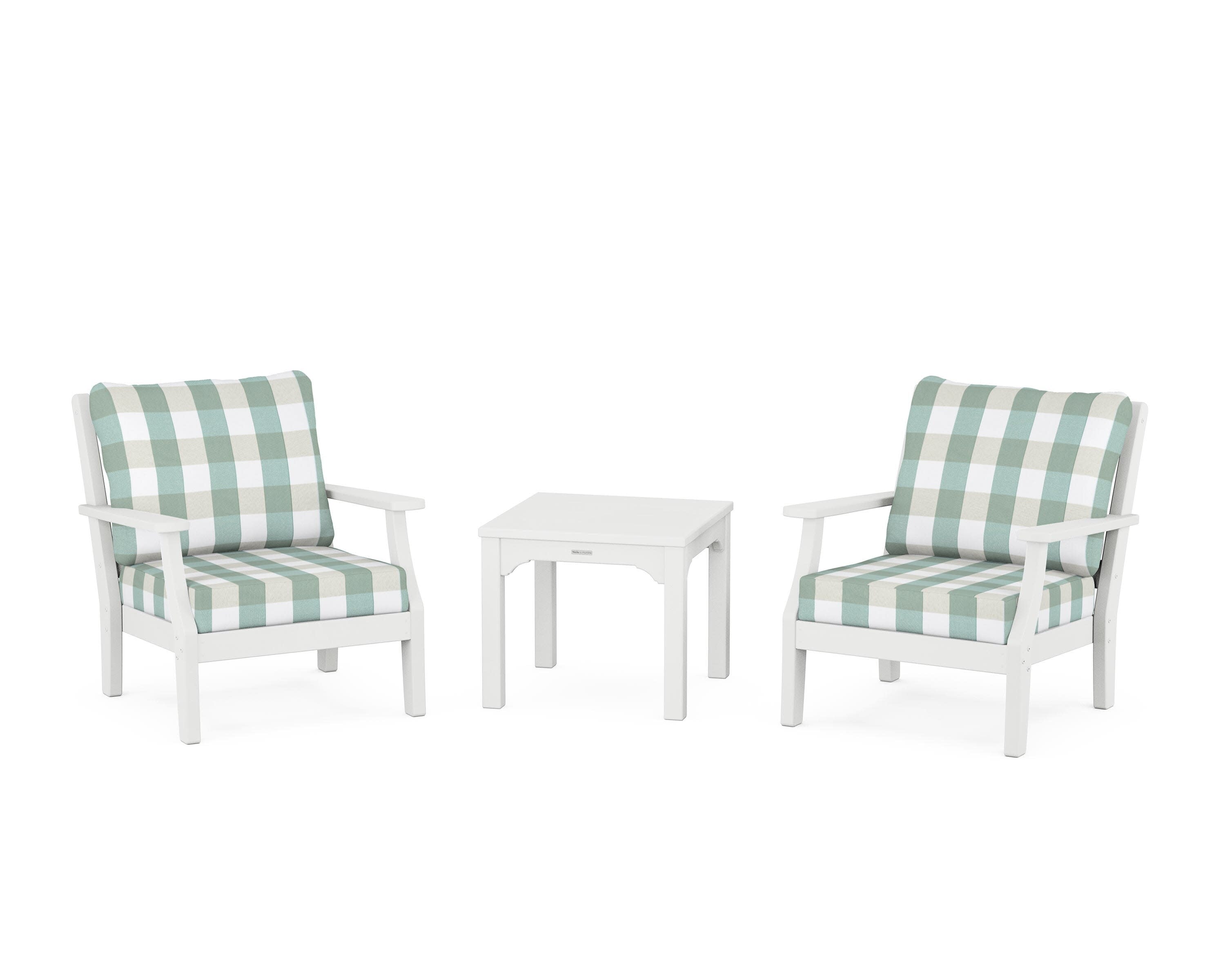 Chinoiserie 3-Piece Deep Seating Set in White / Buffalo Plaid Glacier Spa