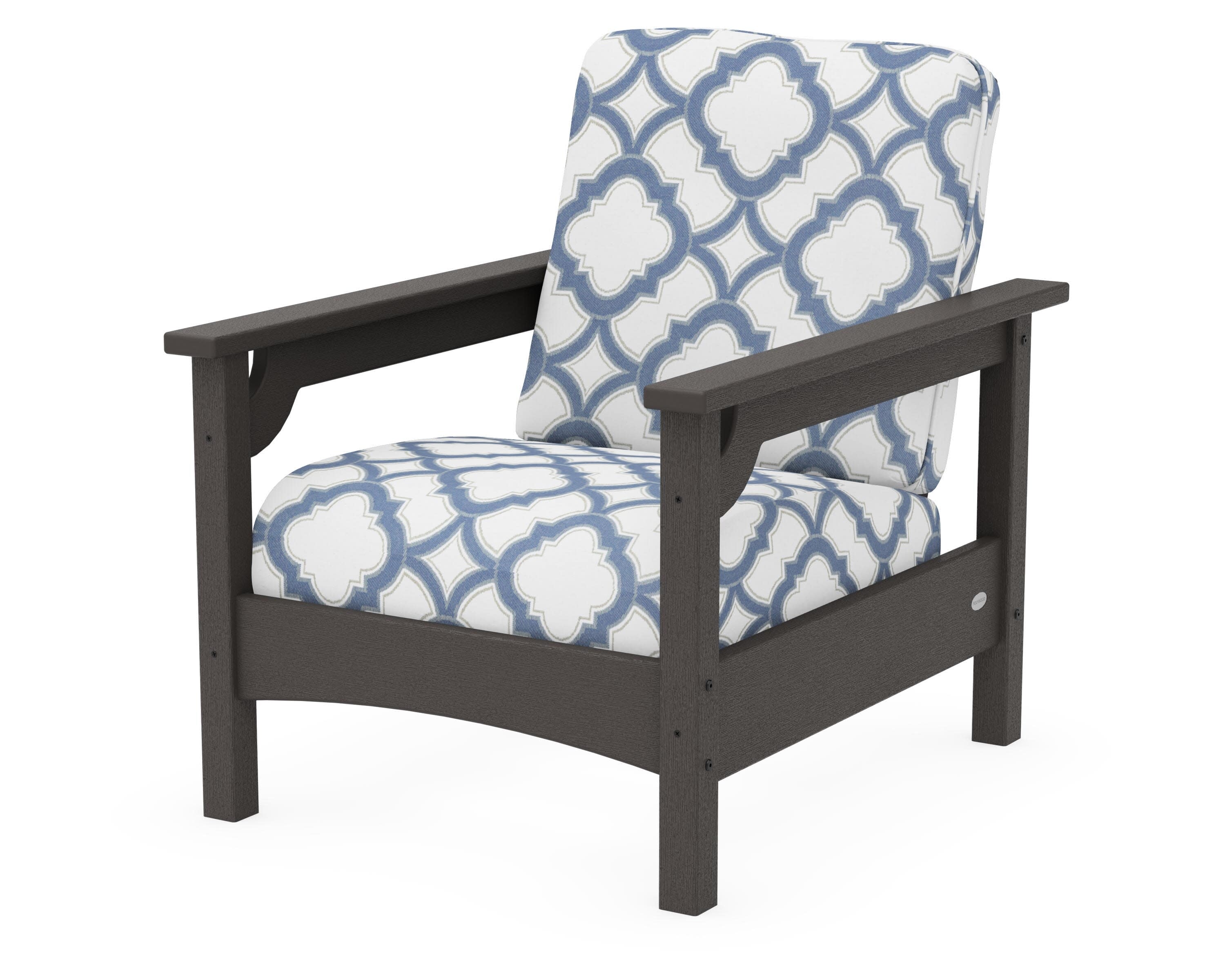Club Chair in Vintage Coffee / Trellis Sky Blue