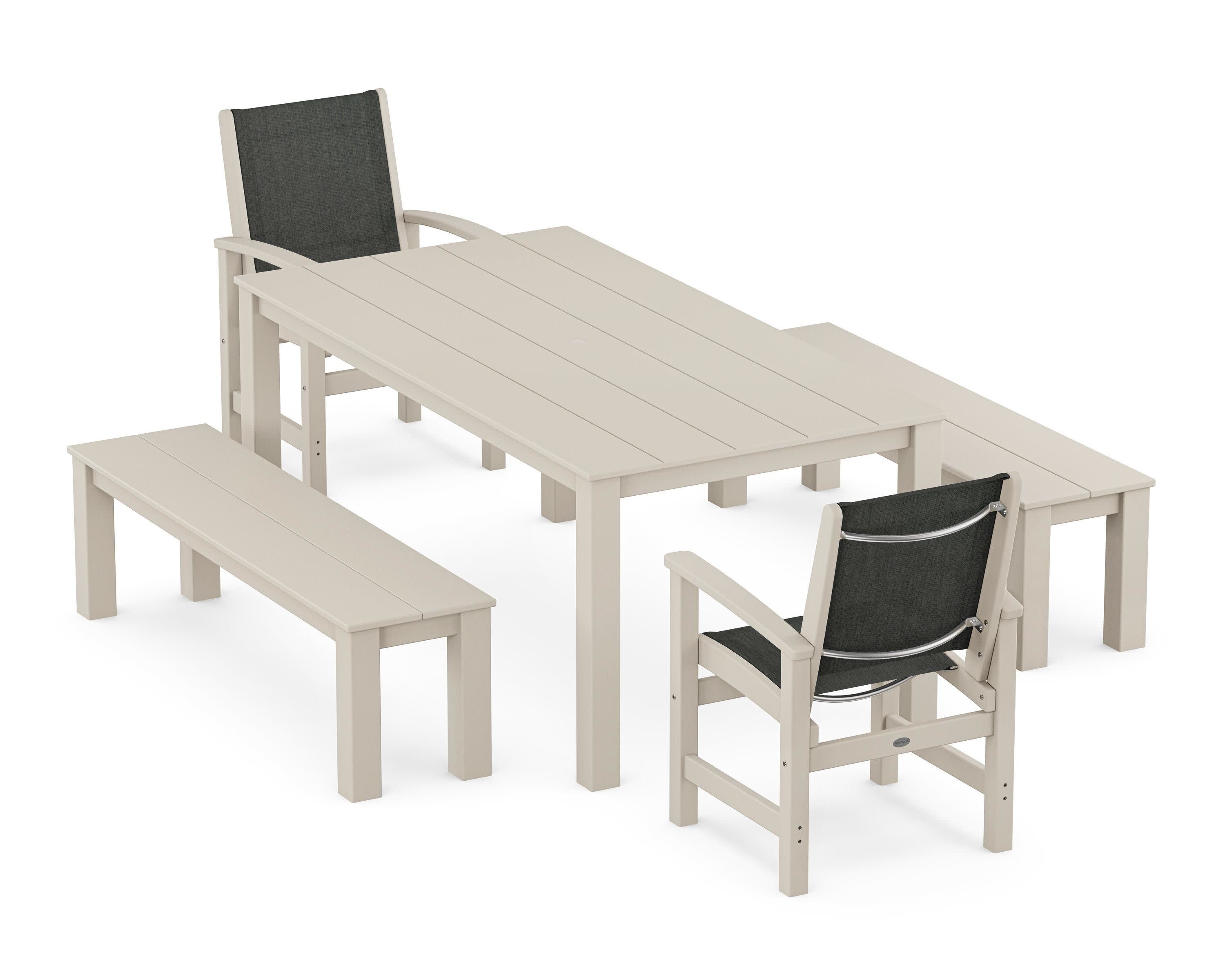 Coastal 5-Piece Parsons Dining Set with Benches in Sand / Ember Sling