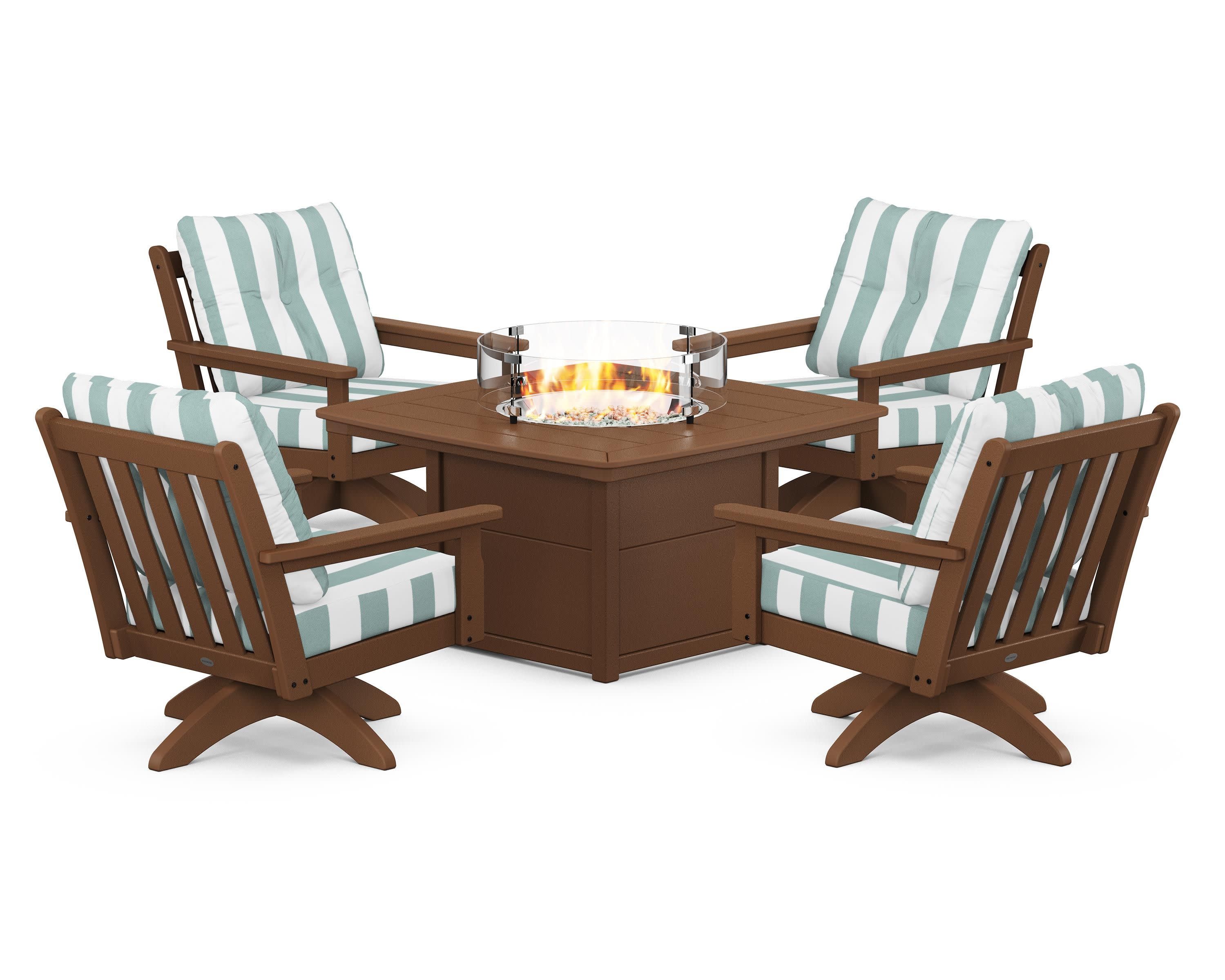 Vineyard 5-Piece Deep Seating Swivel Conversation Set with Fire Pit Table in Teak / Cabana Stripe Glacier Spa