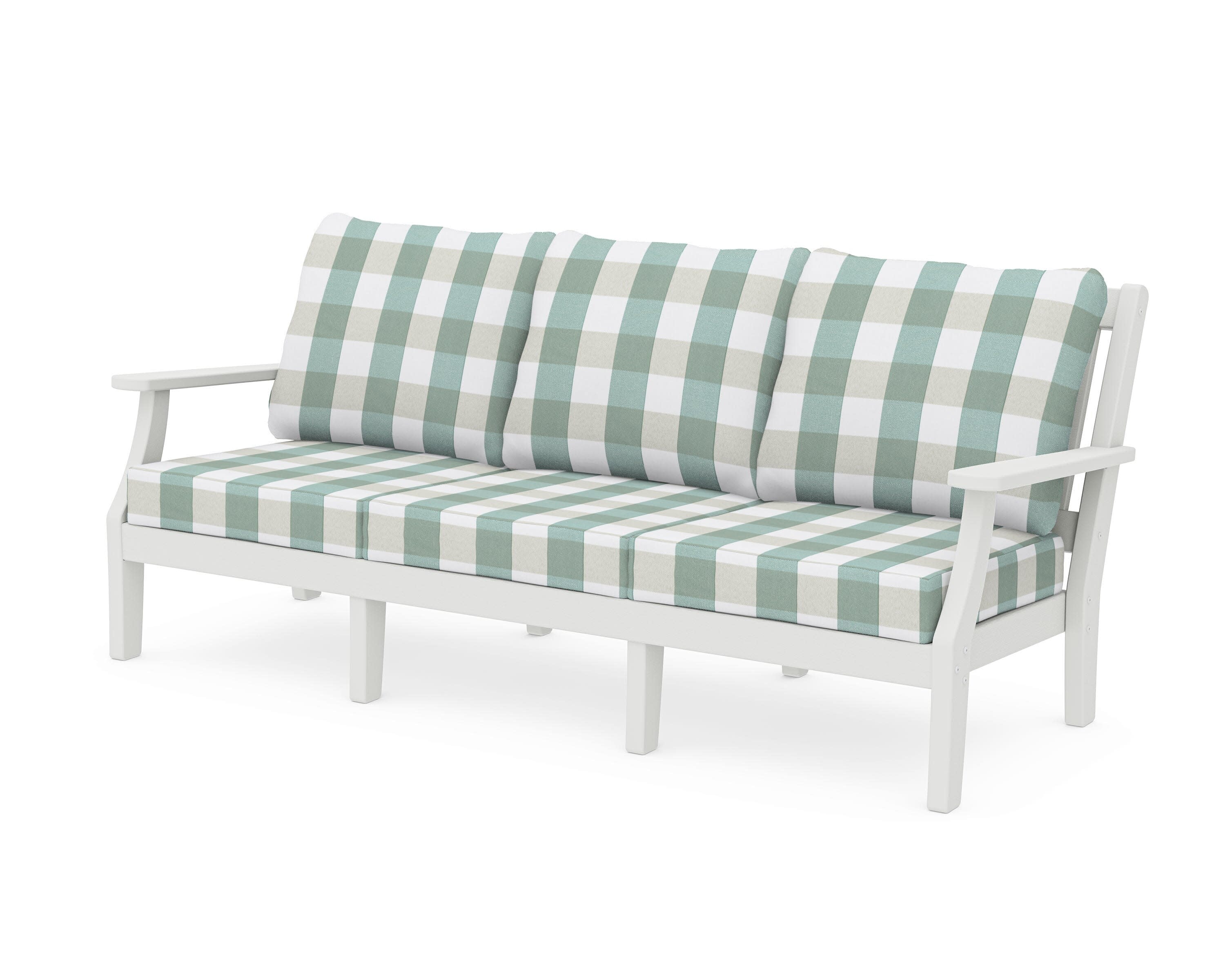 Chinoiserie Deep Seating Sofa in Vintage White / Buffalo Plaid Glacier Spa