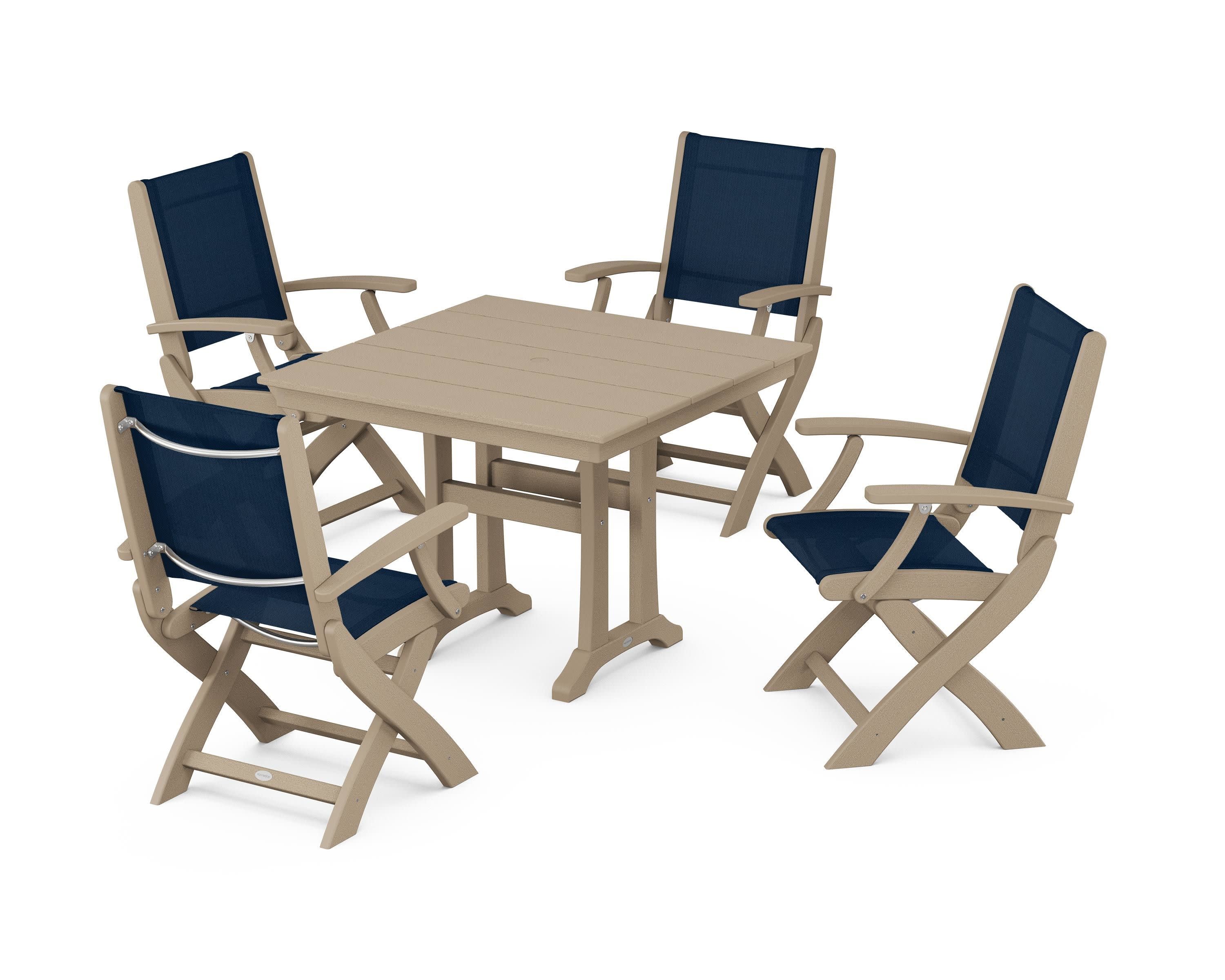 Coastal Folding Chair 5-Piece Farmhouse Dining Set With Trestle Legs in Vintage Sahara / Navy Blue Sling