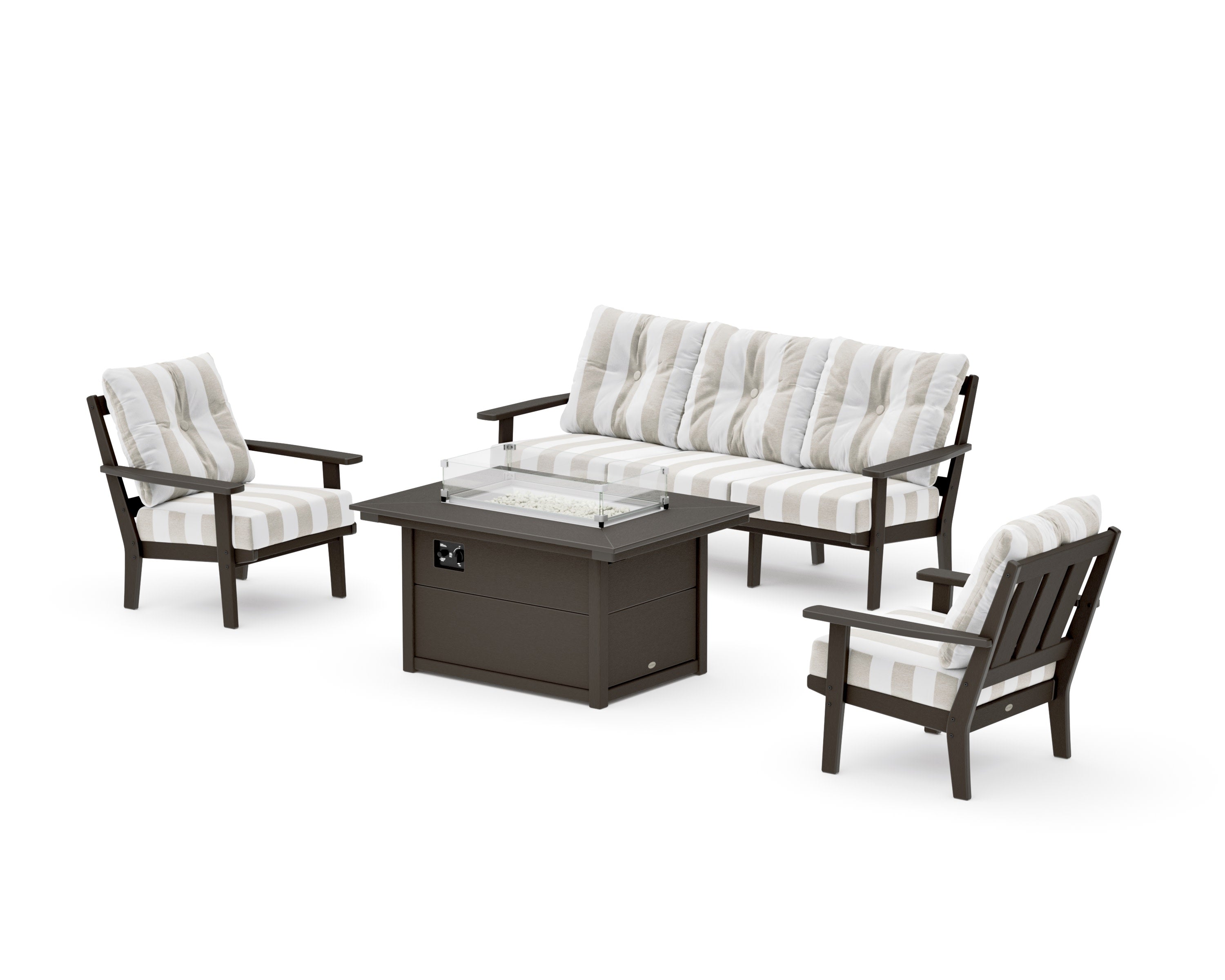 Oxford Deep Seating Fire Pit Table Set in Vintage Coffee / Cabana Stripe Dune Burlap