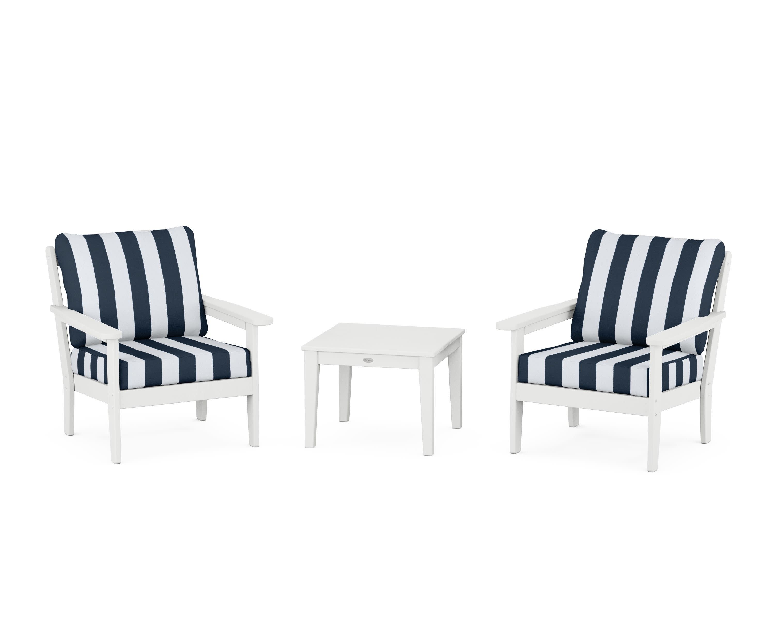 Cottage 3-Piece Deep Seating Set in White / Cabana Stripe Marine Indigo
