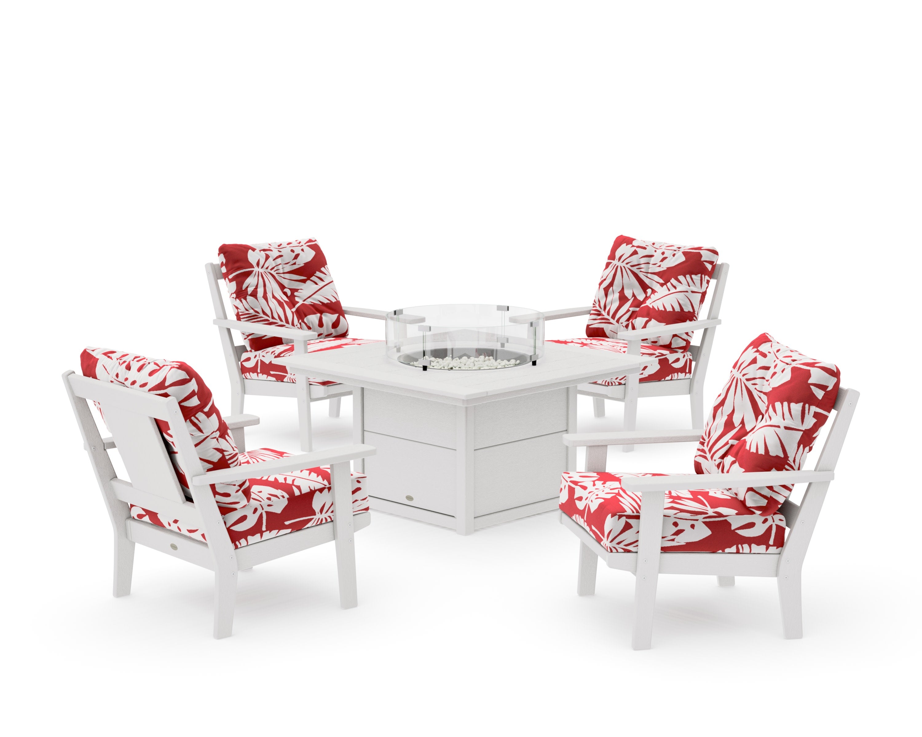 Prairie 5-Piece Deep Seating Set with Fire Pit Table in Vintage White / Leaf Crimson