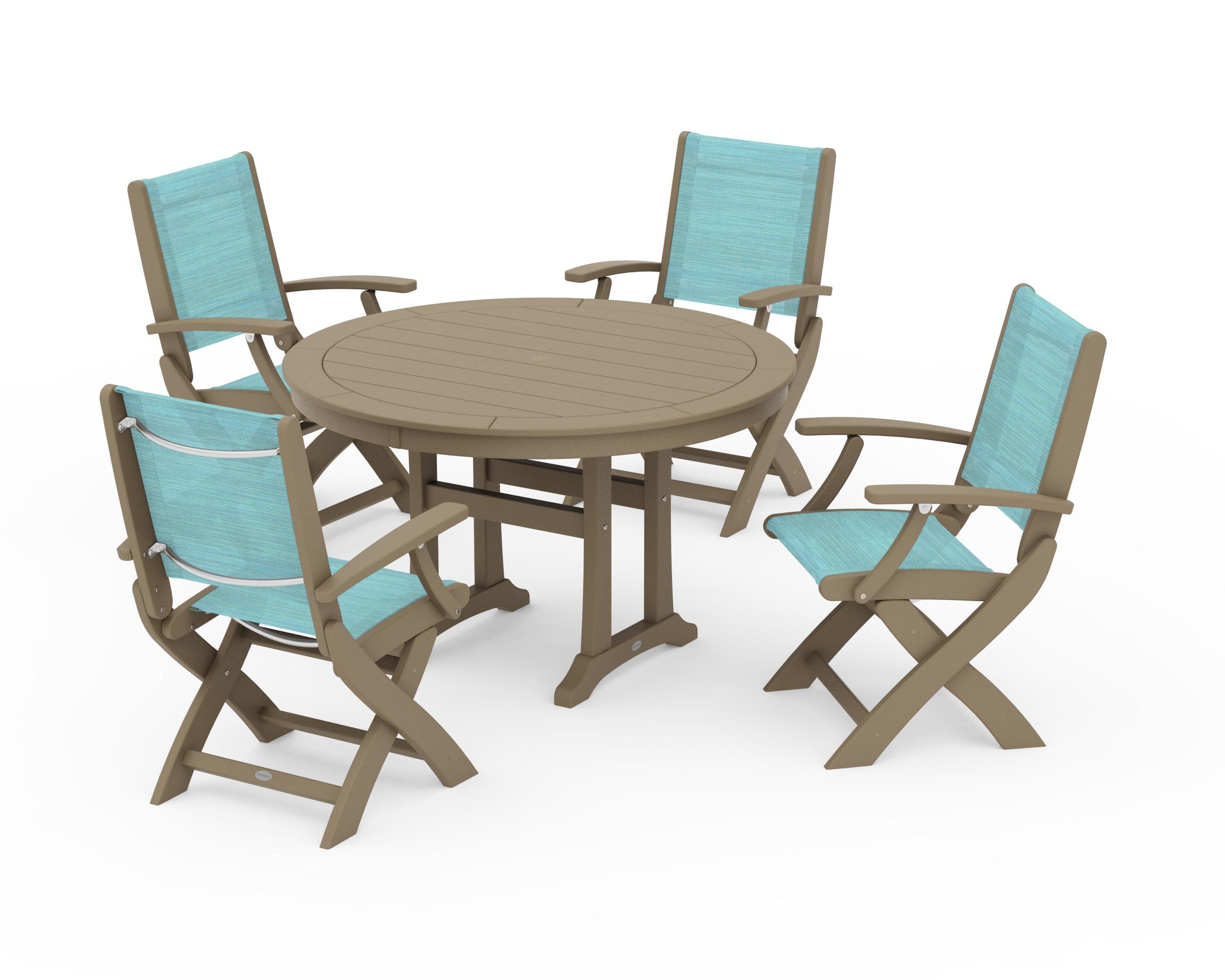Coastal Folding Chair 5-Piece Round Dining Set with Trestle Legs in Vintage Sahara / Dupioni Aquamarine Sling