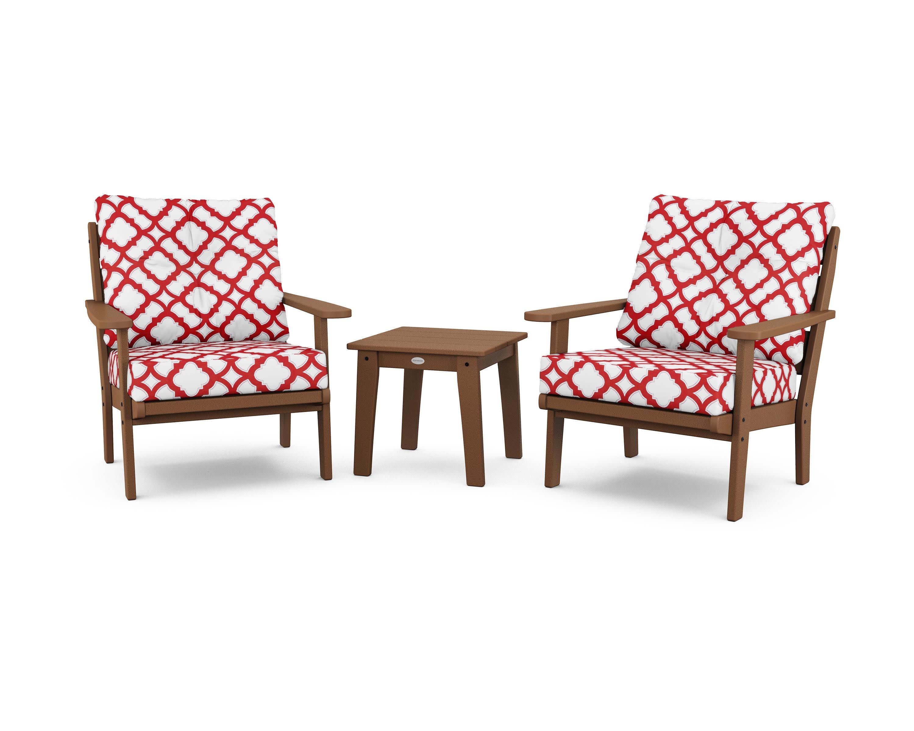 Lakeside 3-Piece Deep Seating Chair Set in Teak / Trellis Crimson