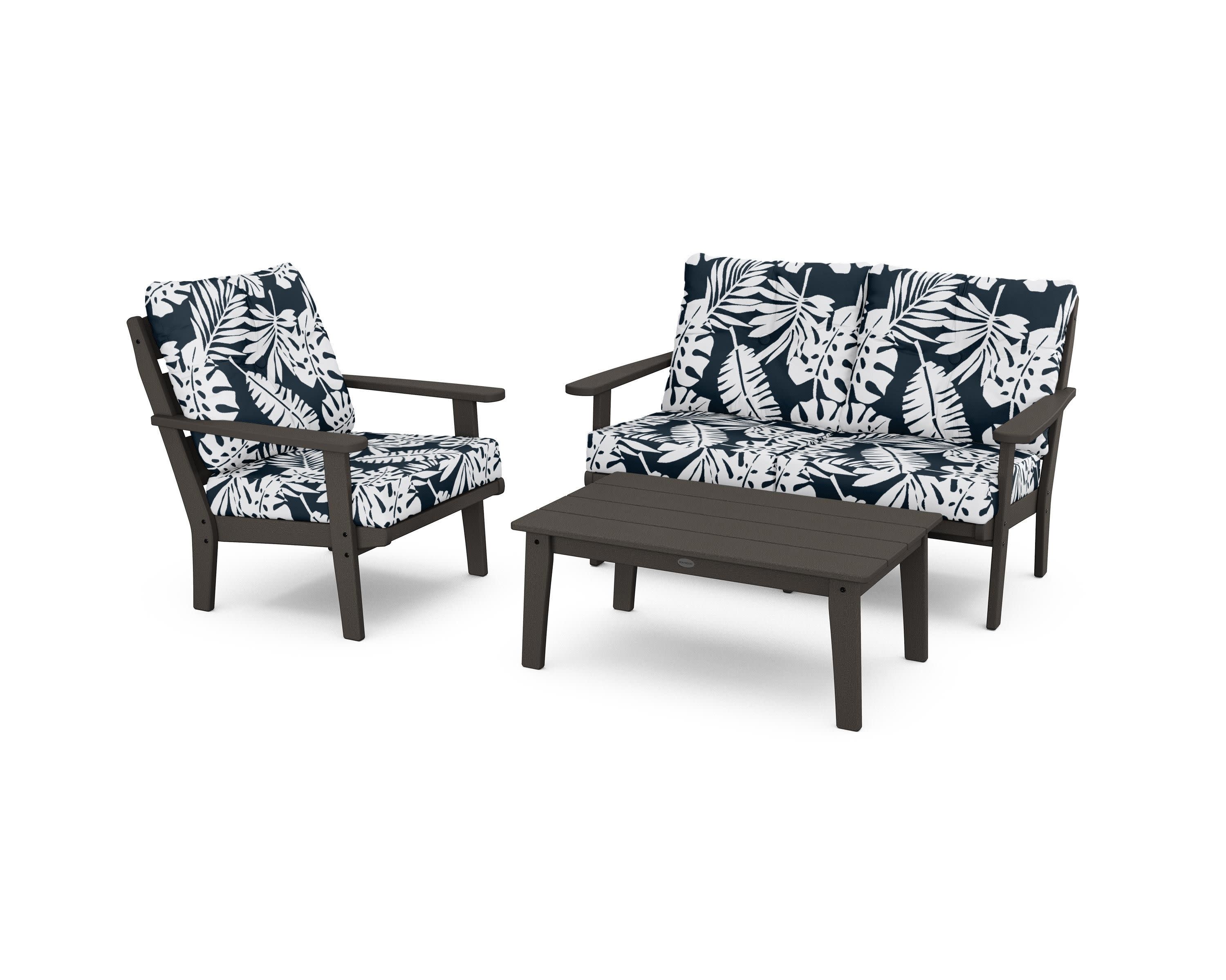 Lakeside 3-Piece Deep Seating Set in Vintage Coffee / Leaf Marine Indigo
