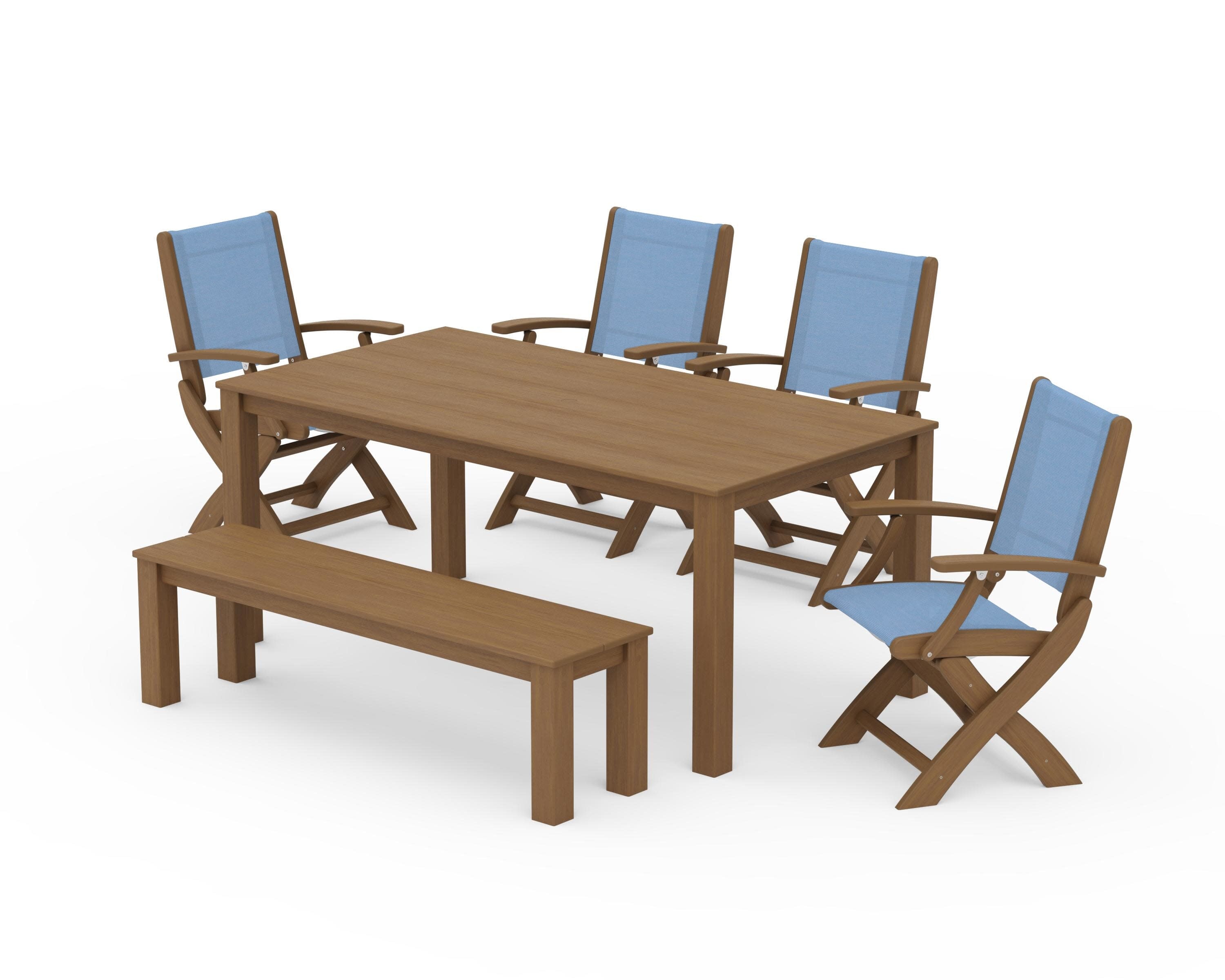 Coastal Folding Chair 6-Piece Parsons Dining Set with Bench in Natural / Poolside Sling