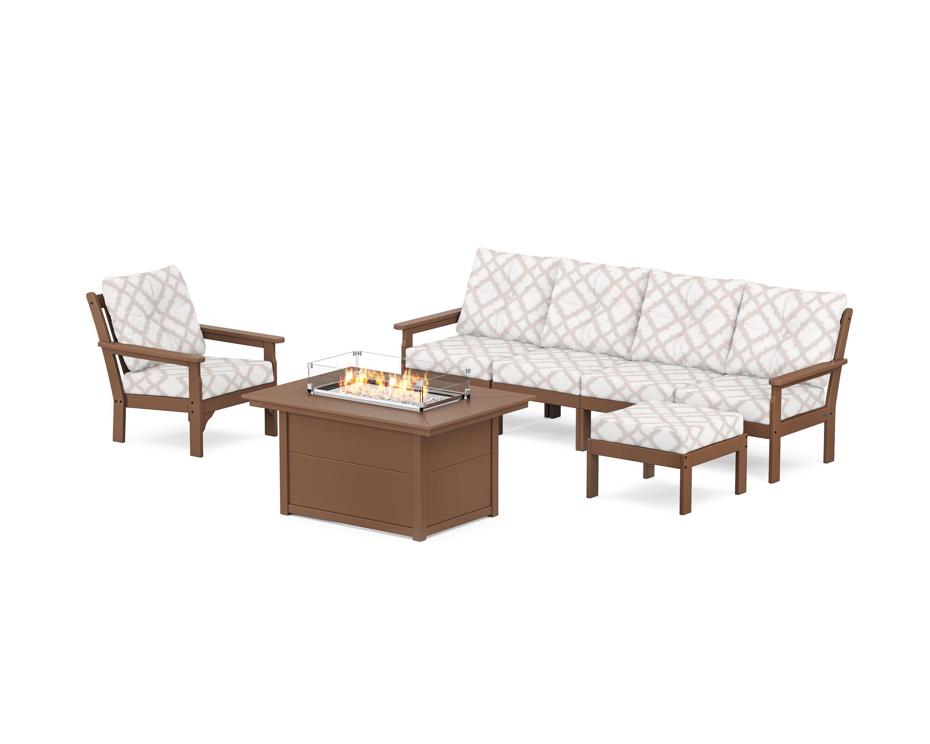Vineyard Sectional Lounge and Fire Pit Set in Teak / Trellis Dune Burlap