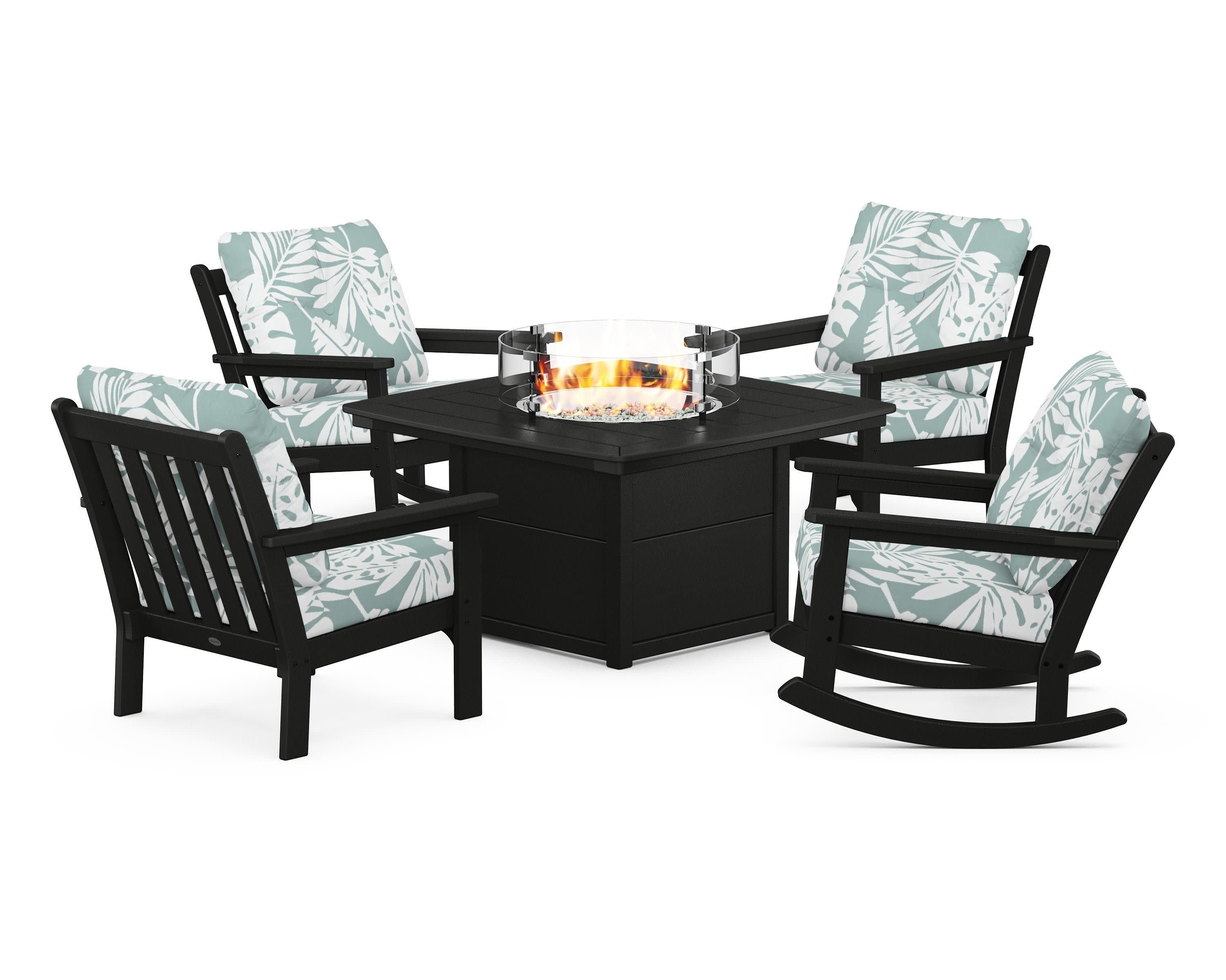 Vineyard 5-Piece Deep Seating Rocking Chair Conversation Set with Fire Pit Table in Black / Leaf Glacier Spa