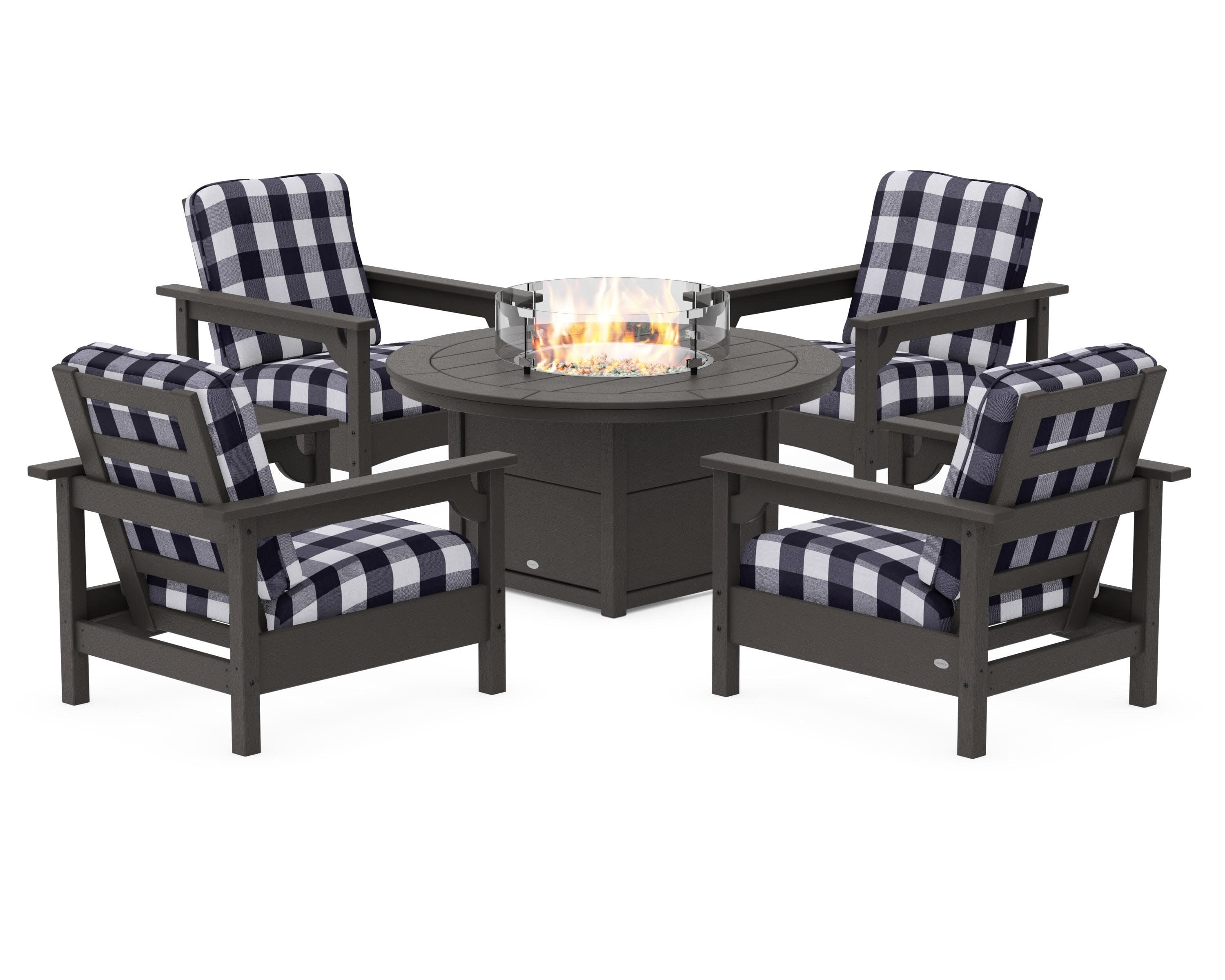 Club 5-Piece Conversation Set with Fire Pit Table in Vintage Coffee / Buffalo Plaid Navy