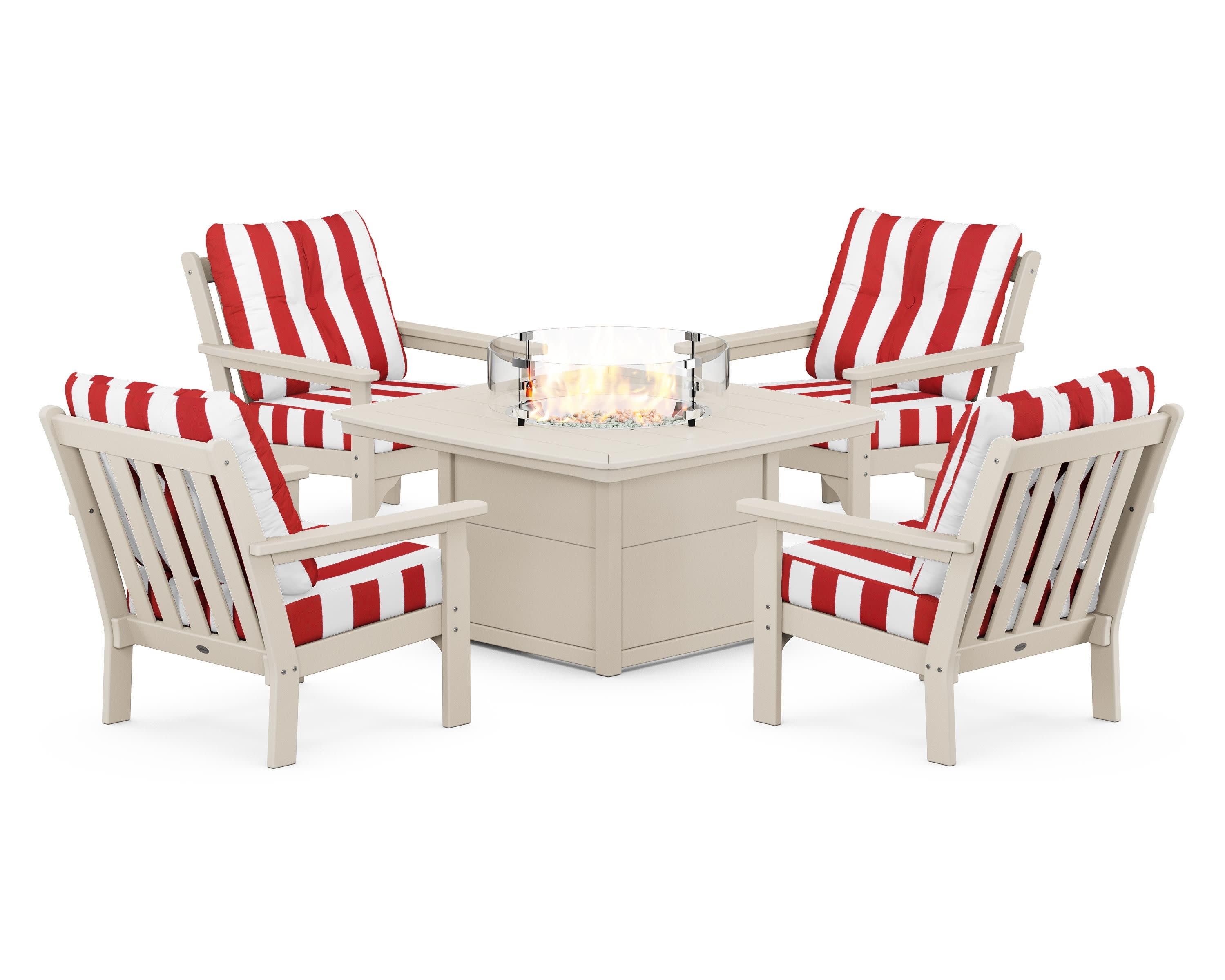 Vineyard 5-Piece Conversation Set with Fire Pit Table in Sand / Cabana Stripe Crimson