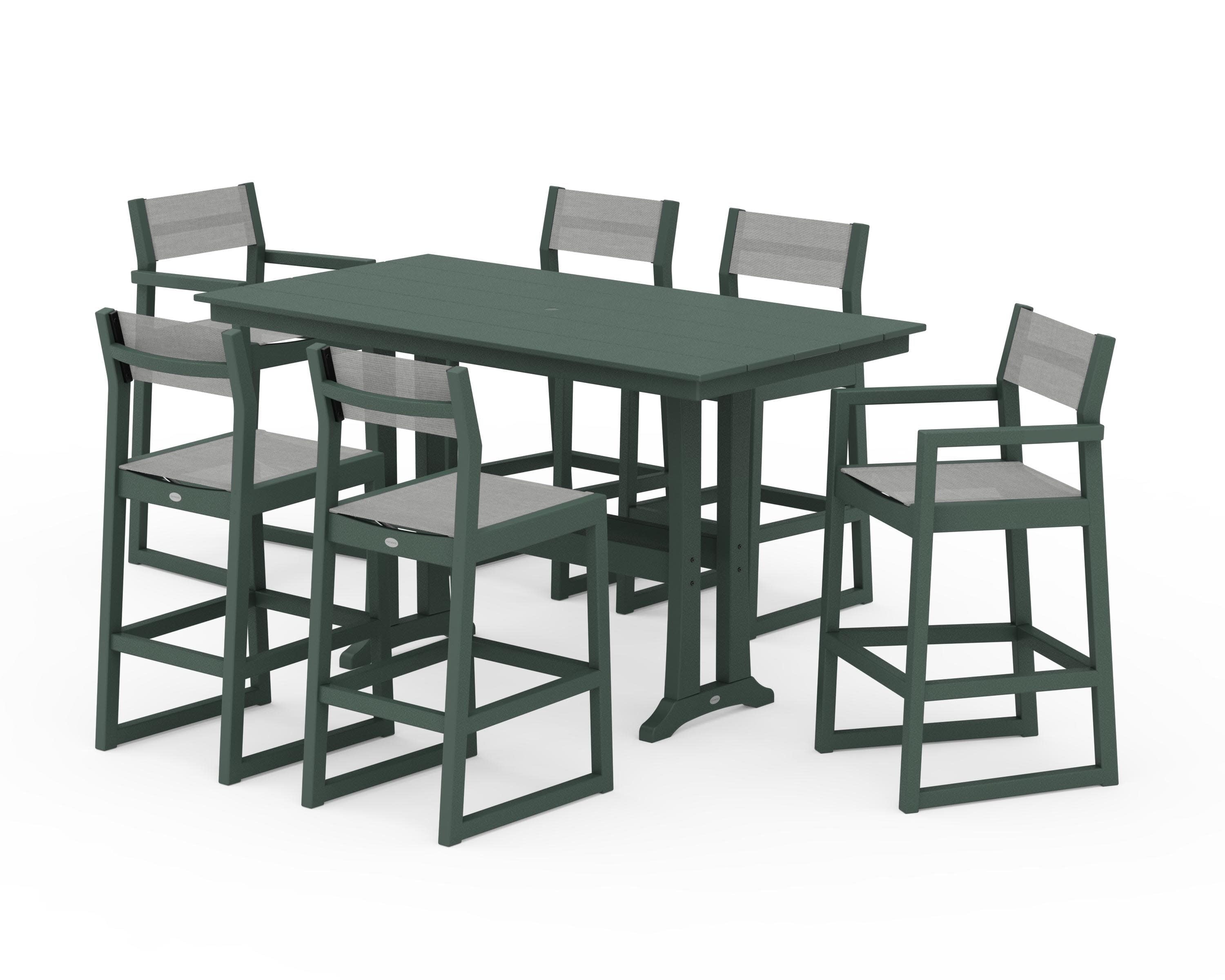 EDGE Sling 7-Piece Farmhouse Bar Set with Trestle Legs in Green / Metallic Sling