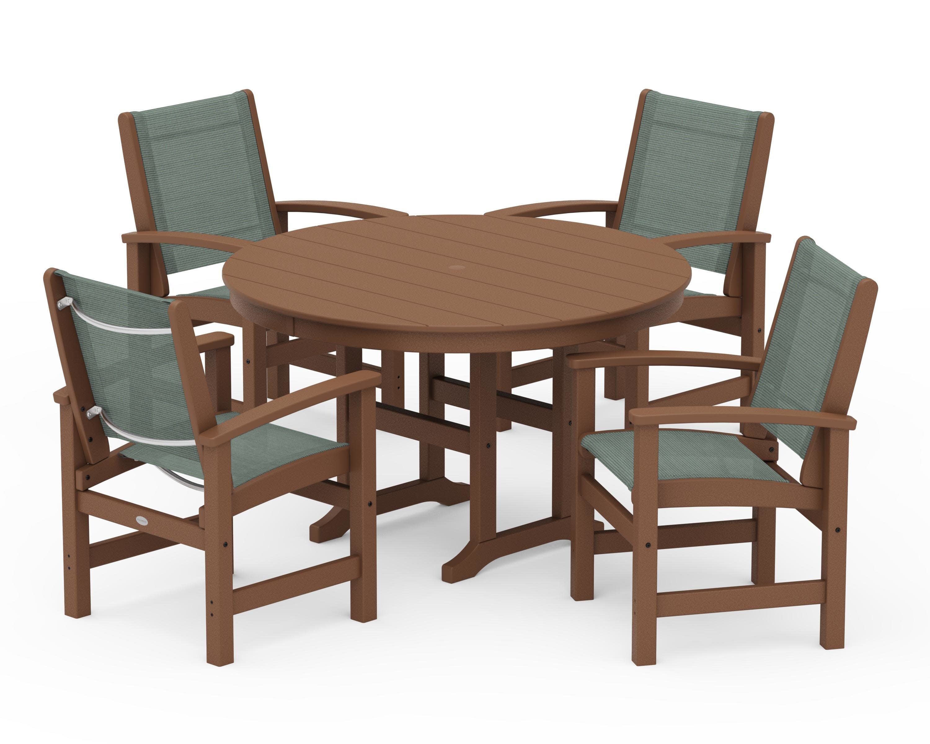 Coastal 5-Piece Round Farmhouse Dining Set in Teak / Dupioni Sea Mist Sling