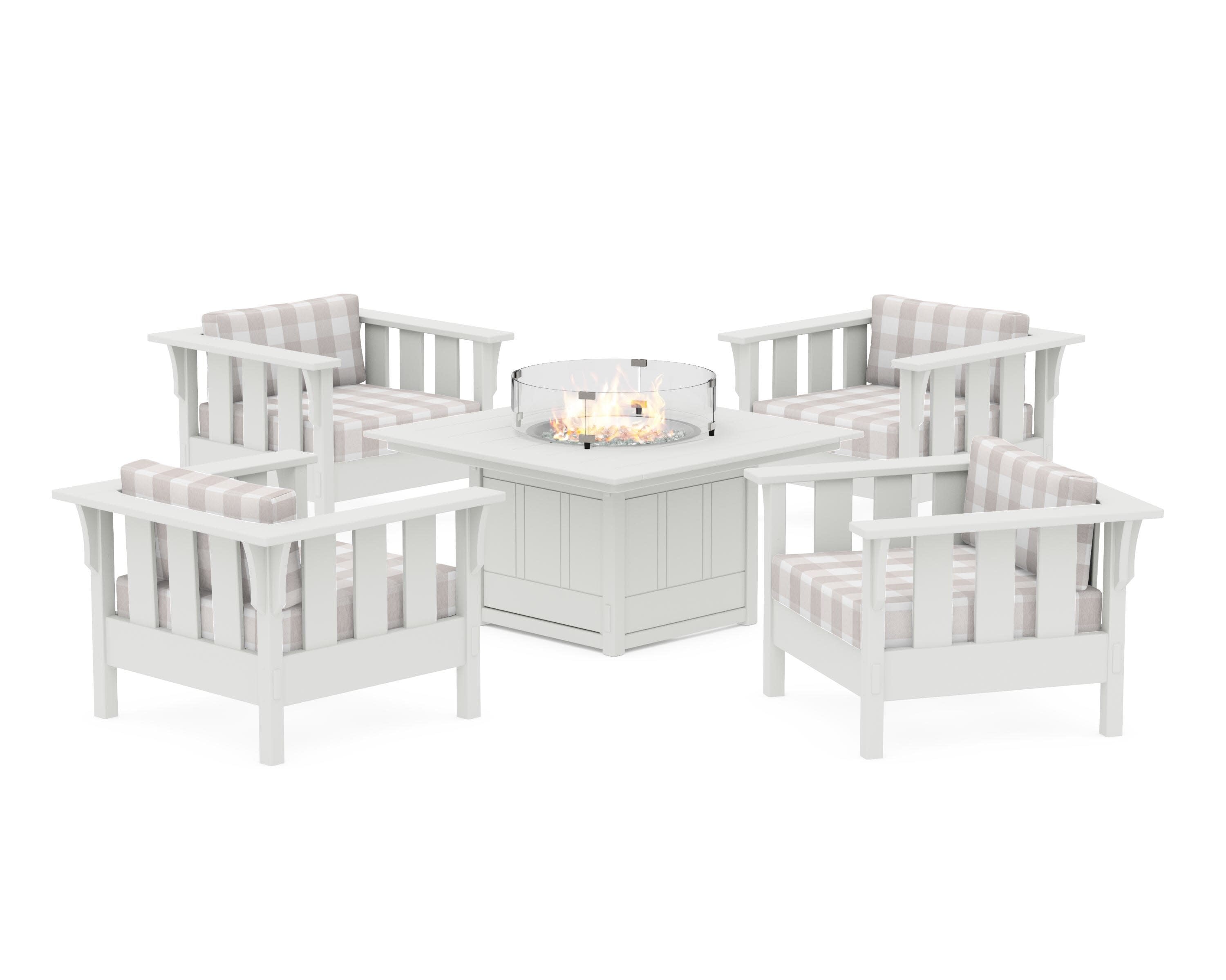 Acadia 5-Piece Deep Seating Set with Fire Pit Table in White / Buffalo Plaid Dune Burlap