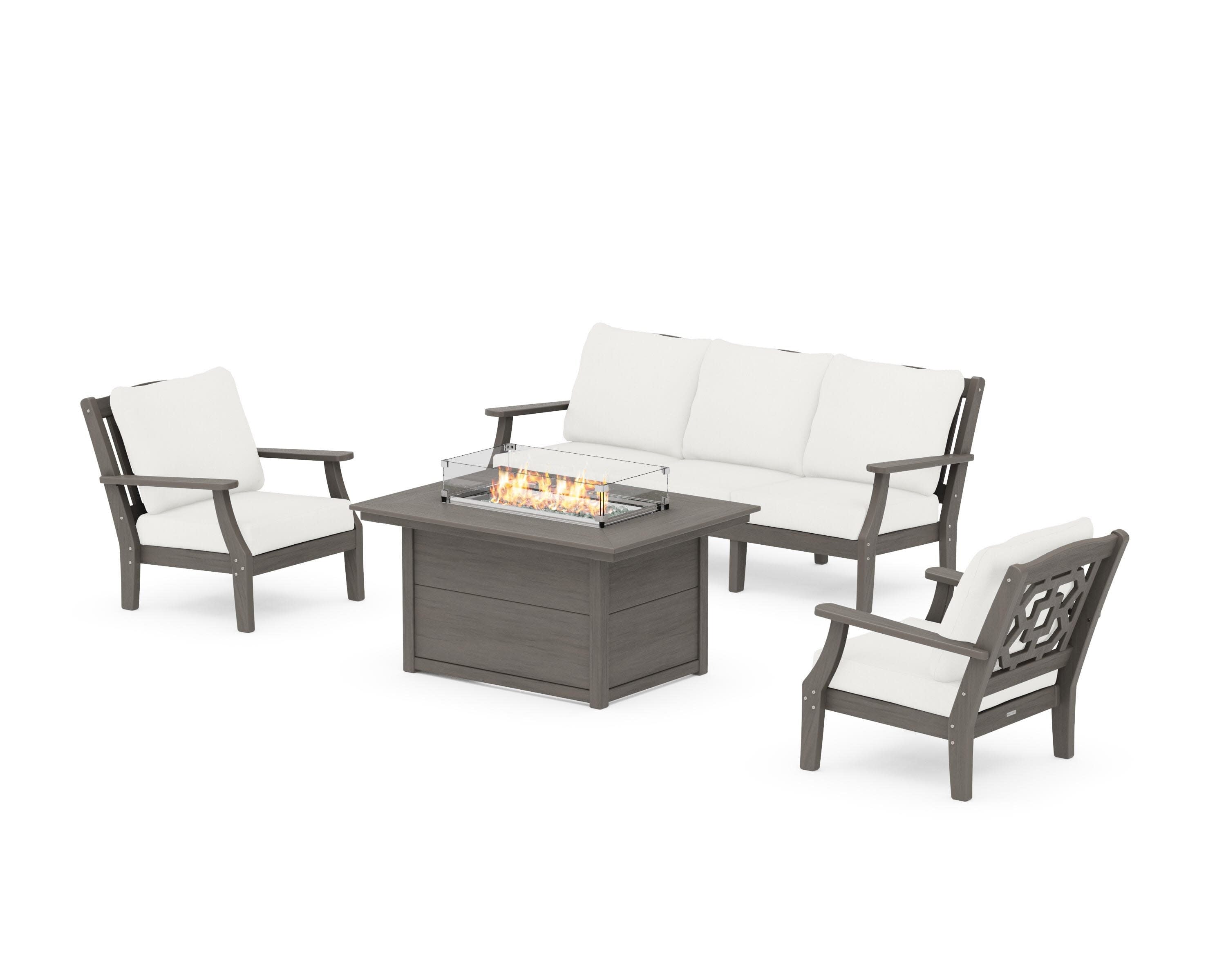 Chinoiserie Deep Seating Fire Pit Table Set in Driftwood / Natural Linen