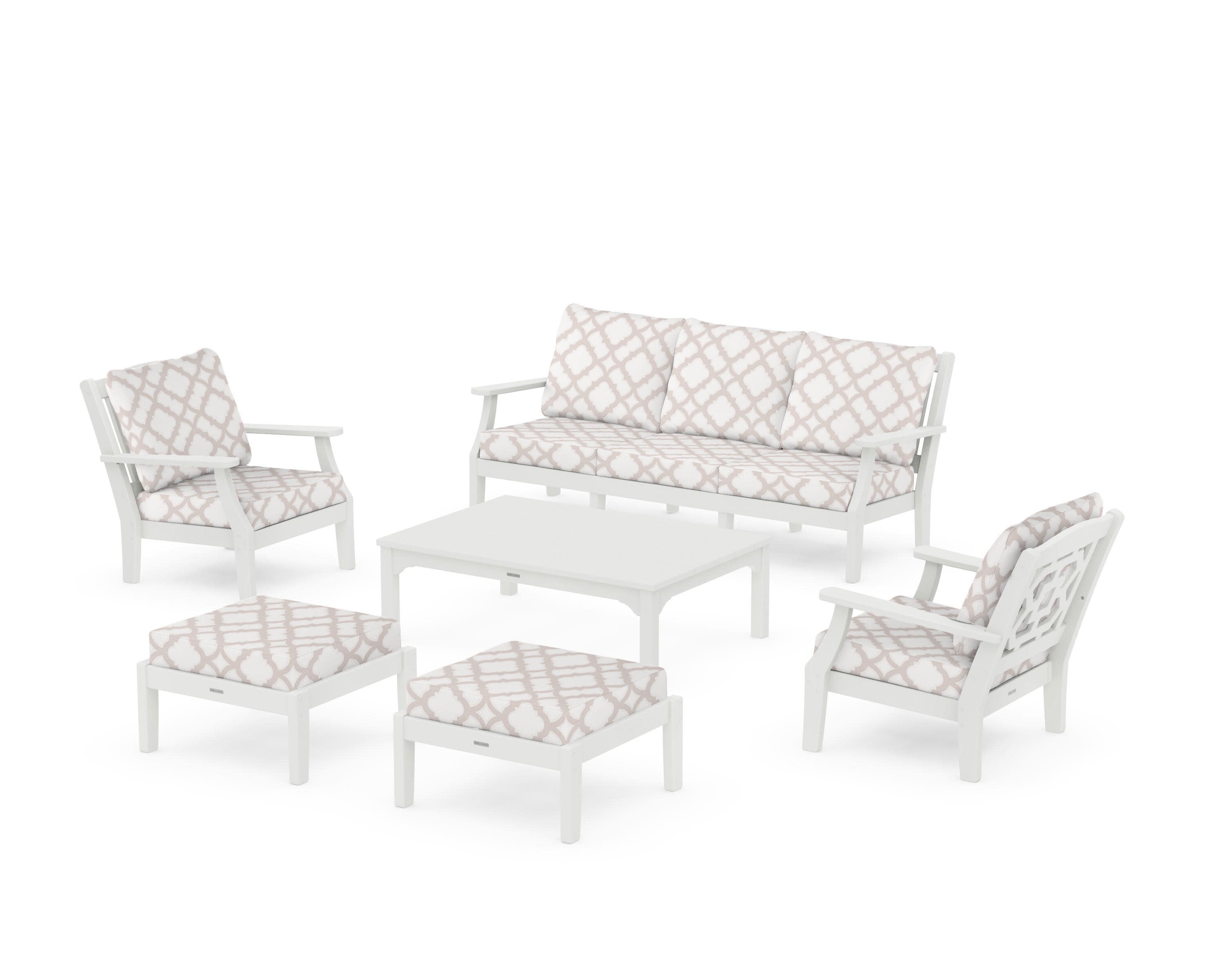 Chinoiserie 6-Piece Lounge Sofa Set in Vintage White / Trellis Dune Burlap