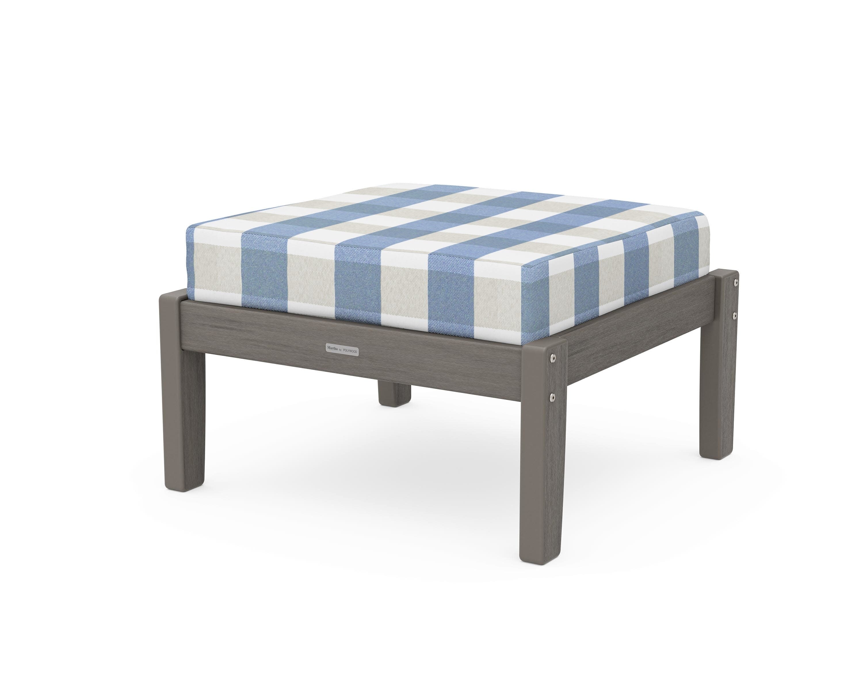 Chinoiserie Deep Seating Ottoman in Driftwood / Buffalo Plaid Sky Blue