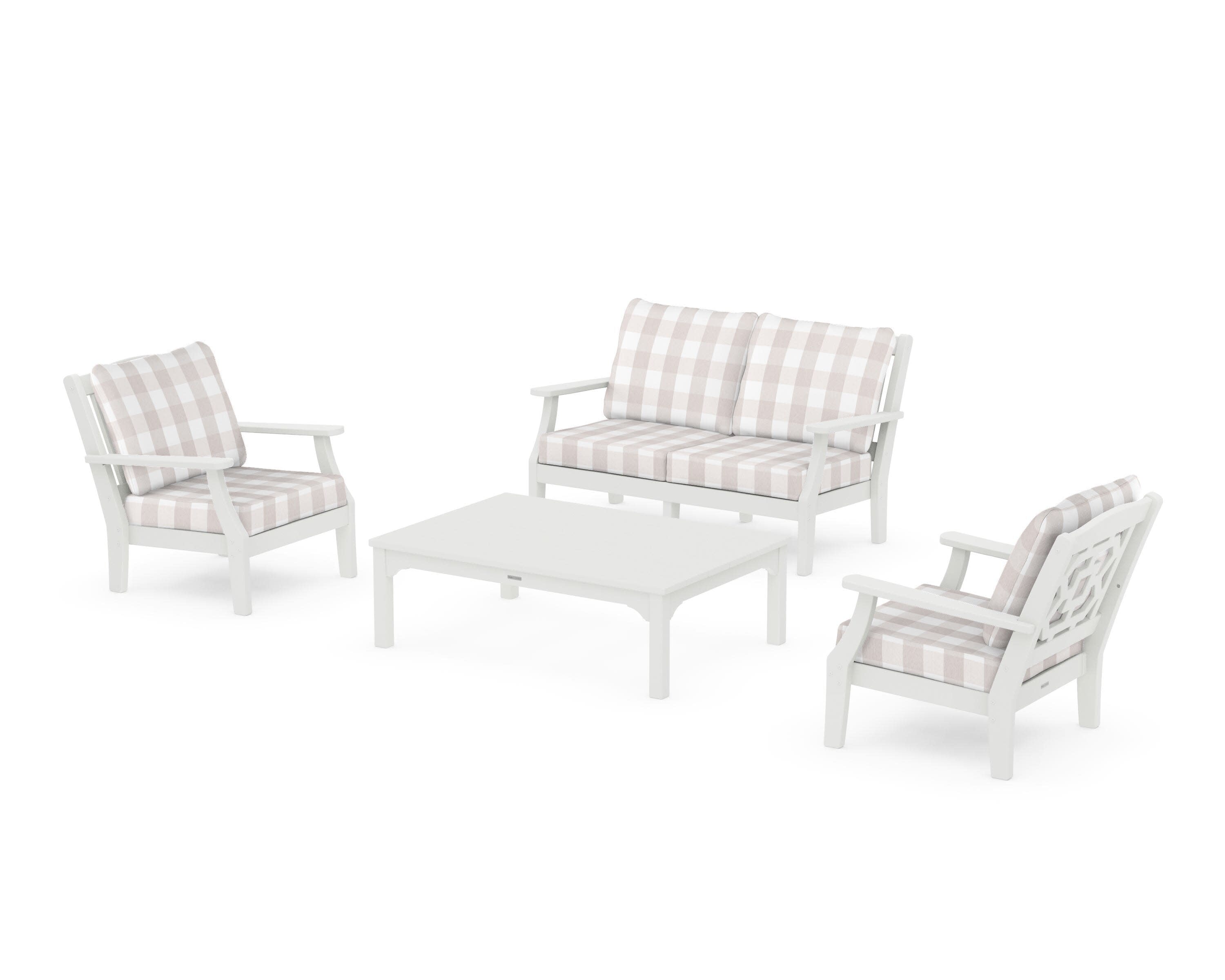 Chinoiserie 4-Piece Deep Seating Set with Loveseat in Vintage White / Buffalo Plaid Dune Burlap
