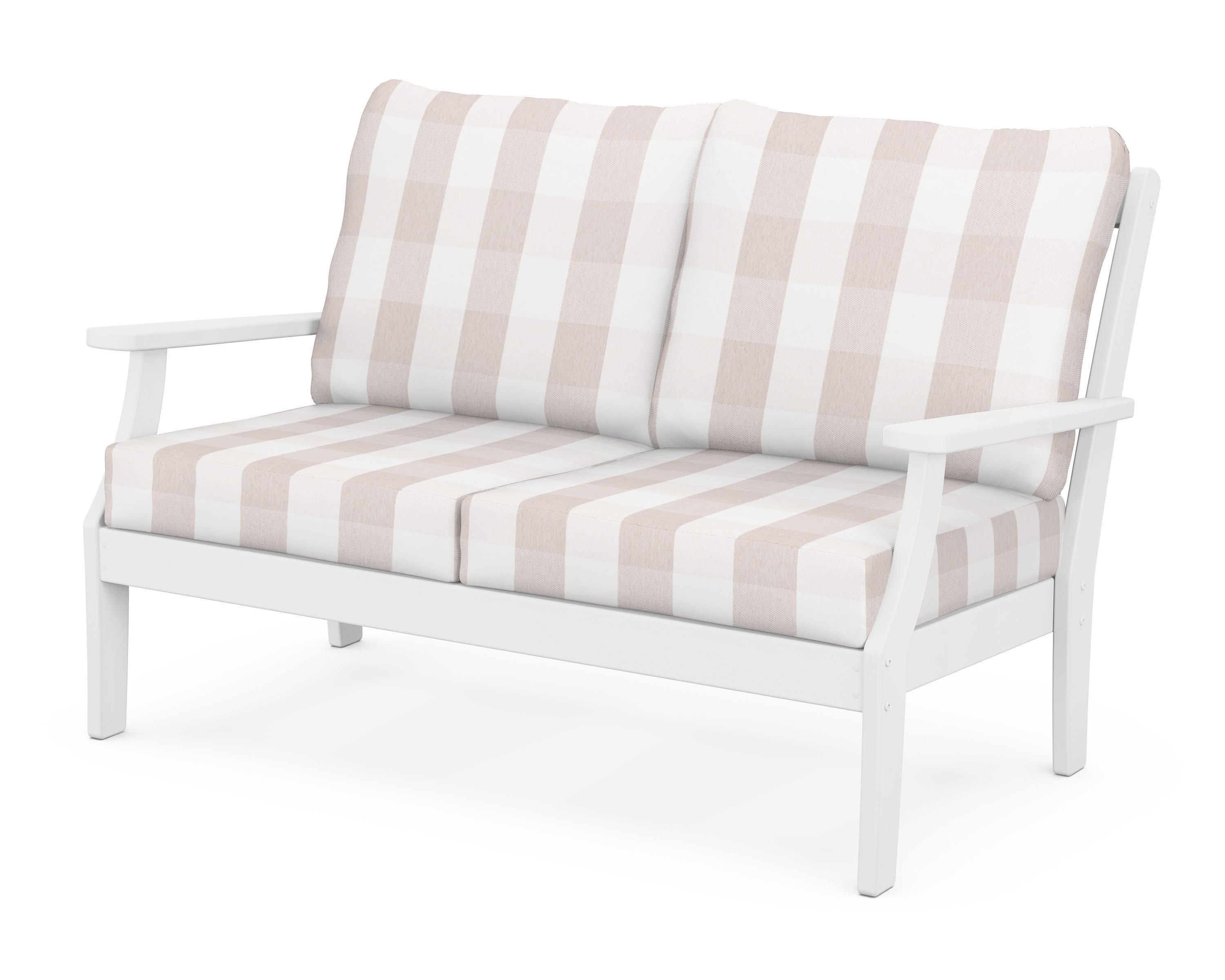 Braxton Deep Seating Loveseat in White / Buffalo Plaid Dune Burlap