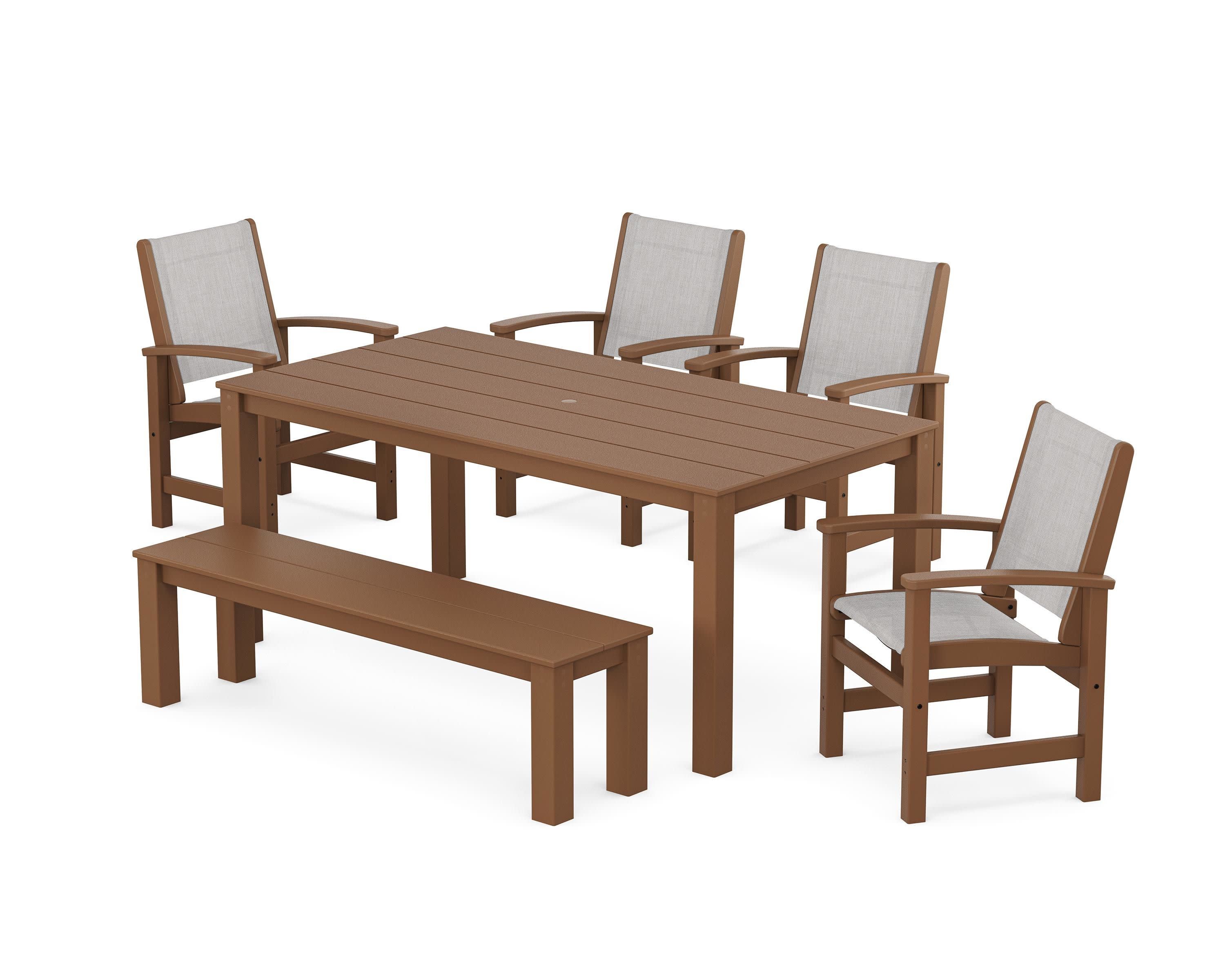 Coastal 6-Piece Parsons Dining Set with Bench in Teak / Parchment Sling