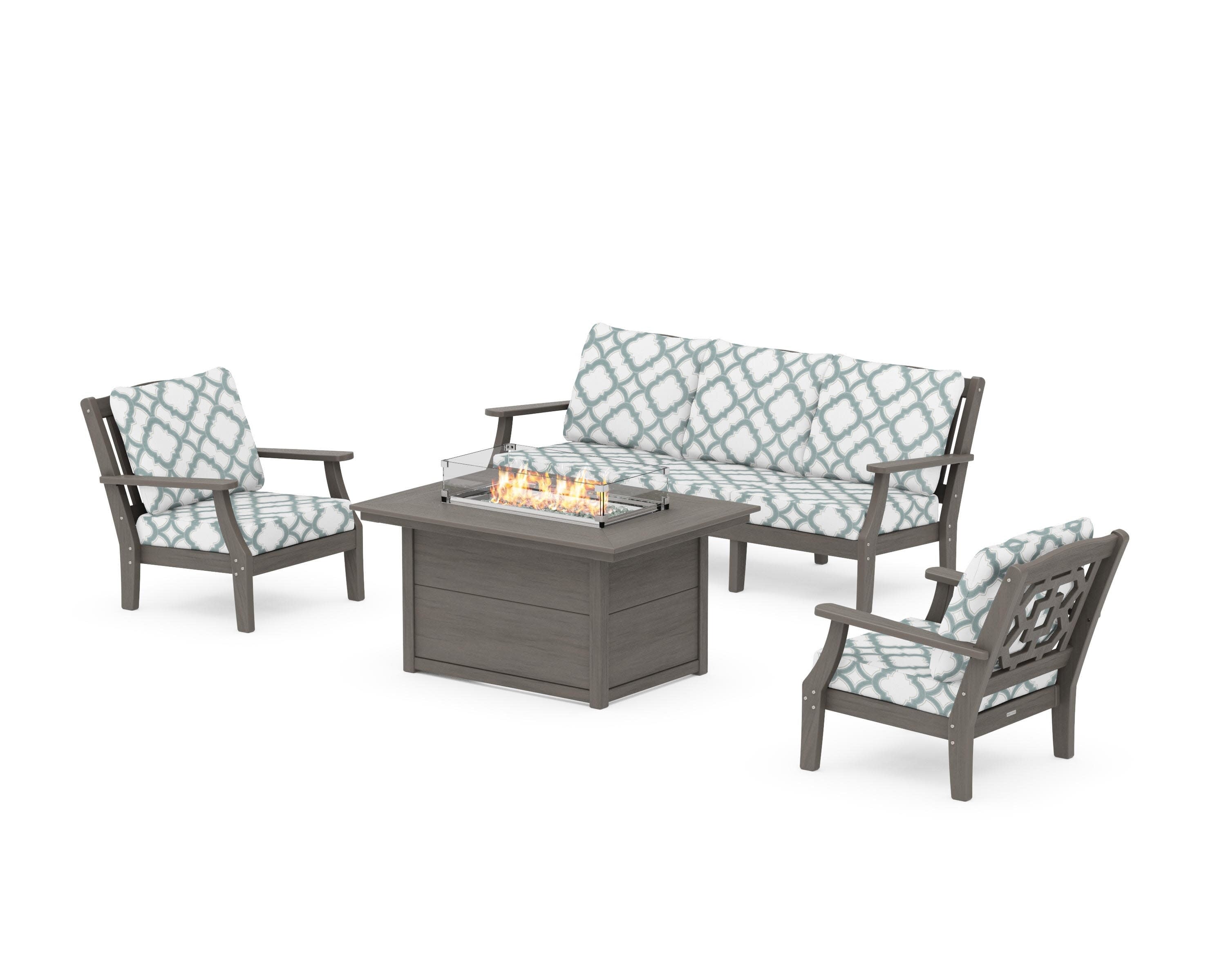 Chinoiserie Deep Seating Fire Pit Table Set in Driftwood / Trellis Glacier Spa