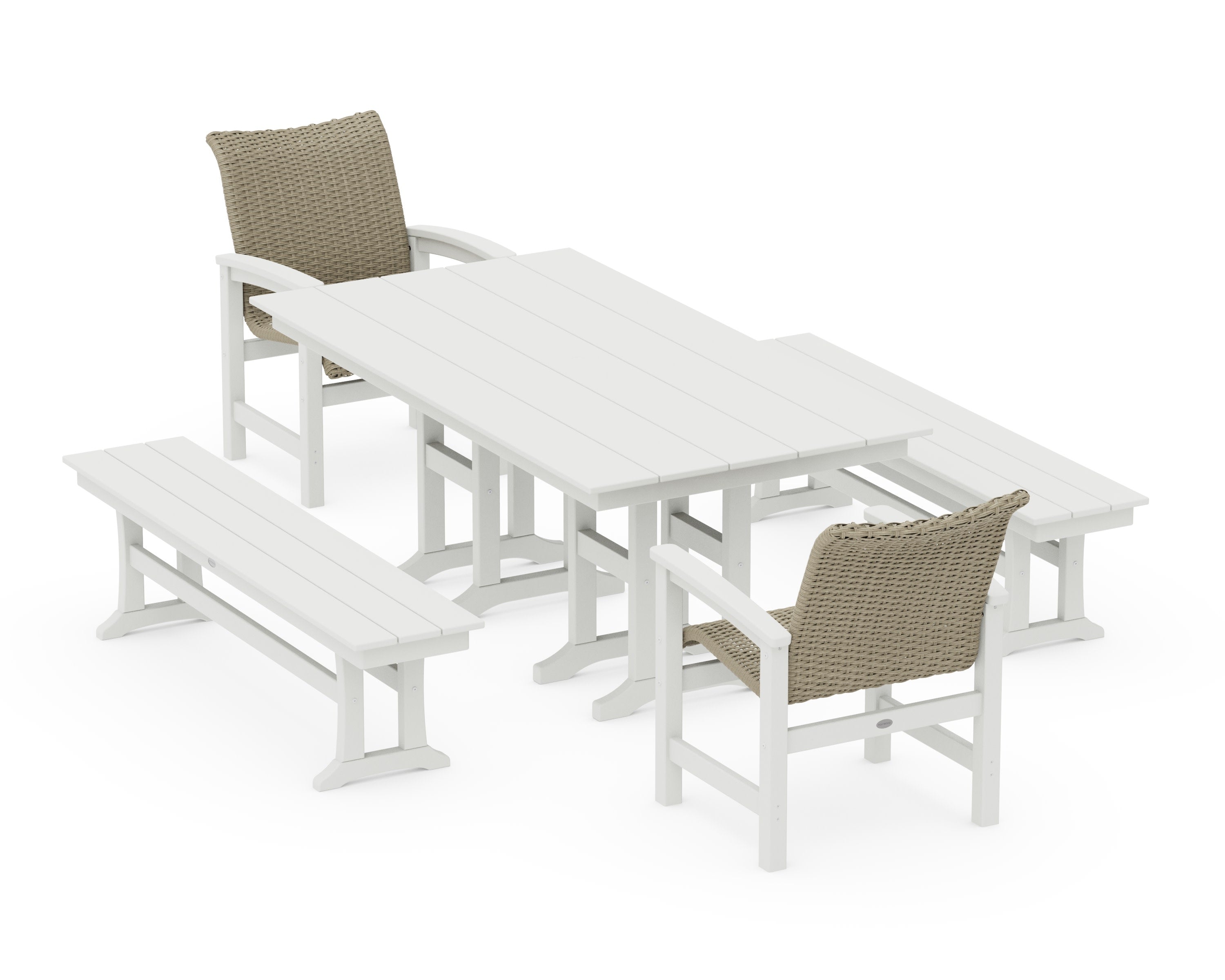 Coastal Woven 5-Piece Farmhouse Dining Set with Benches in Vintage White / Dune Grass