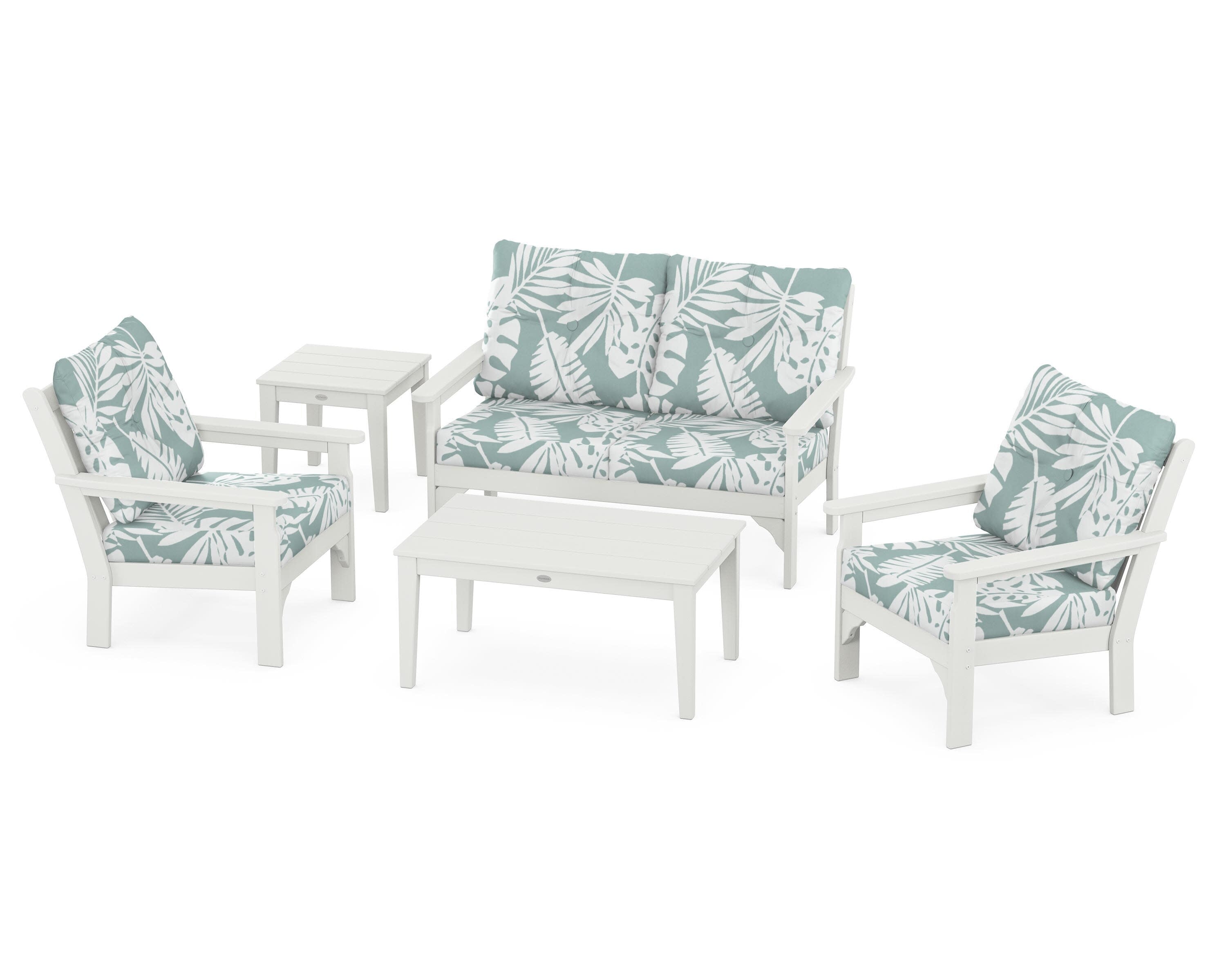 Vineyard 5-Piece Deep Seating Set in Vintage White / Leaf Glacier Spa