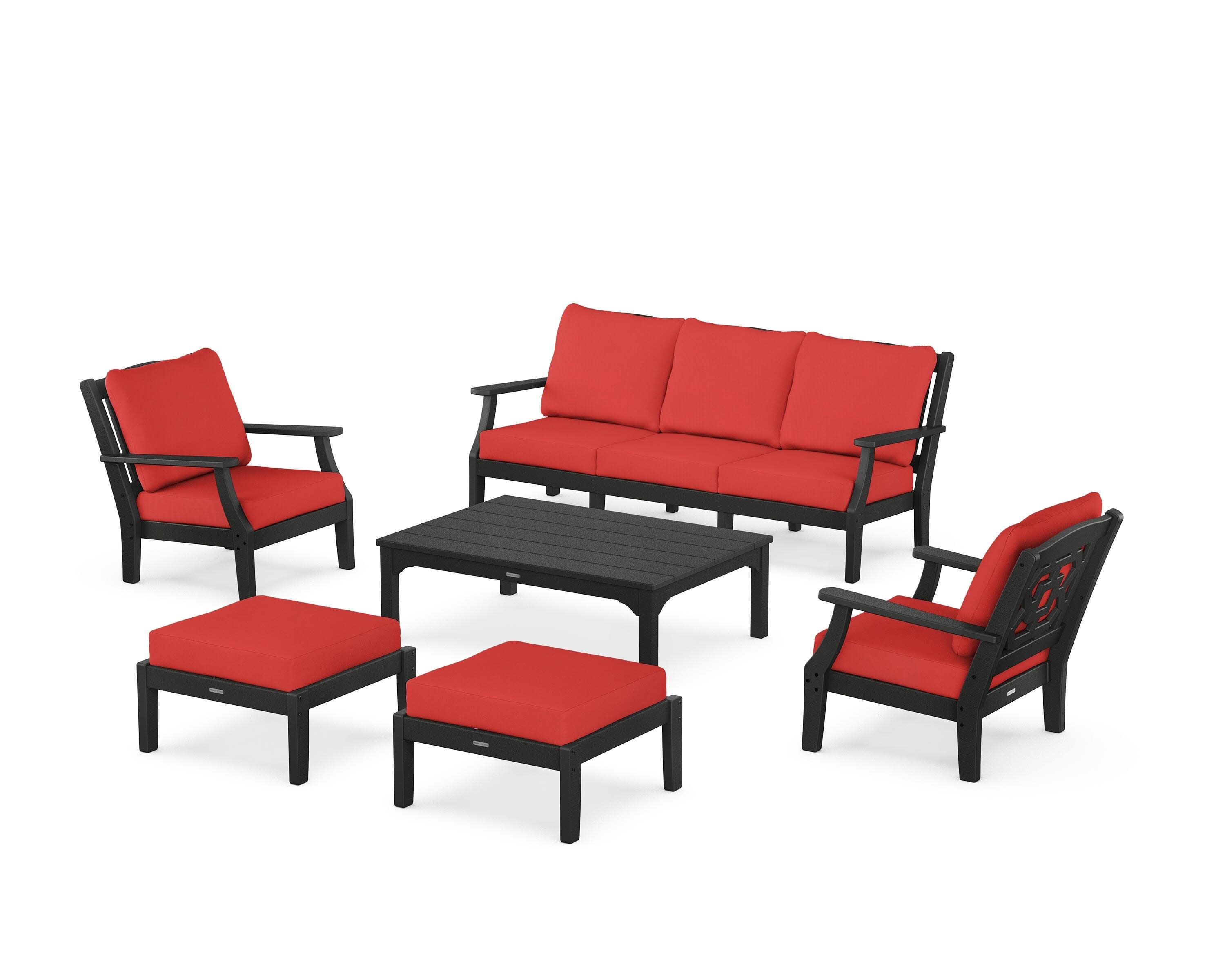Chinoiserie 6-Piece Lounge Sofa Set in Black / Crimson Linen