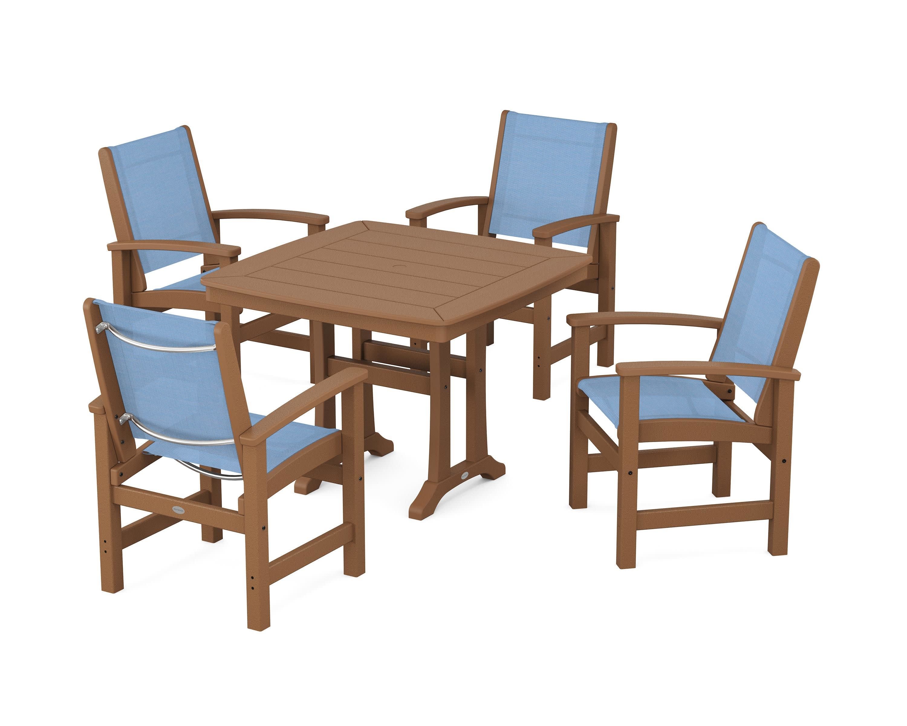 Coastal 5-Piece Dining Set with Trestle Legs in Teak / Poolside Sling