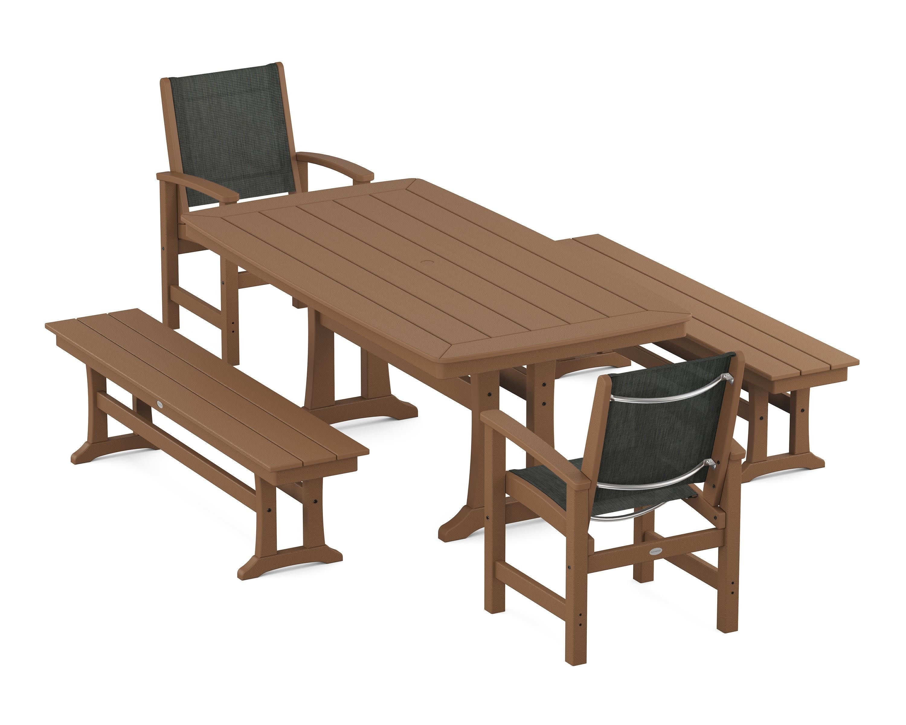 Coastal 5-Piece Dining Set with Trestle Legs and Benches in Teak / Ember Sling